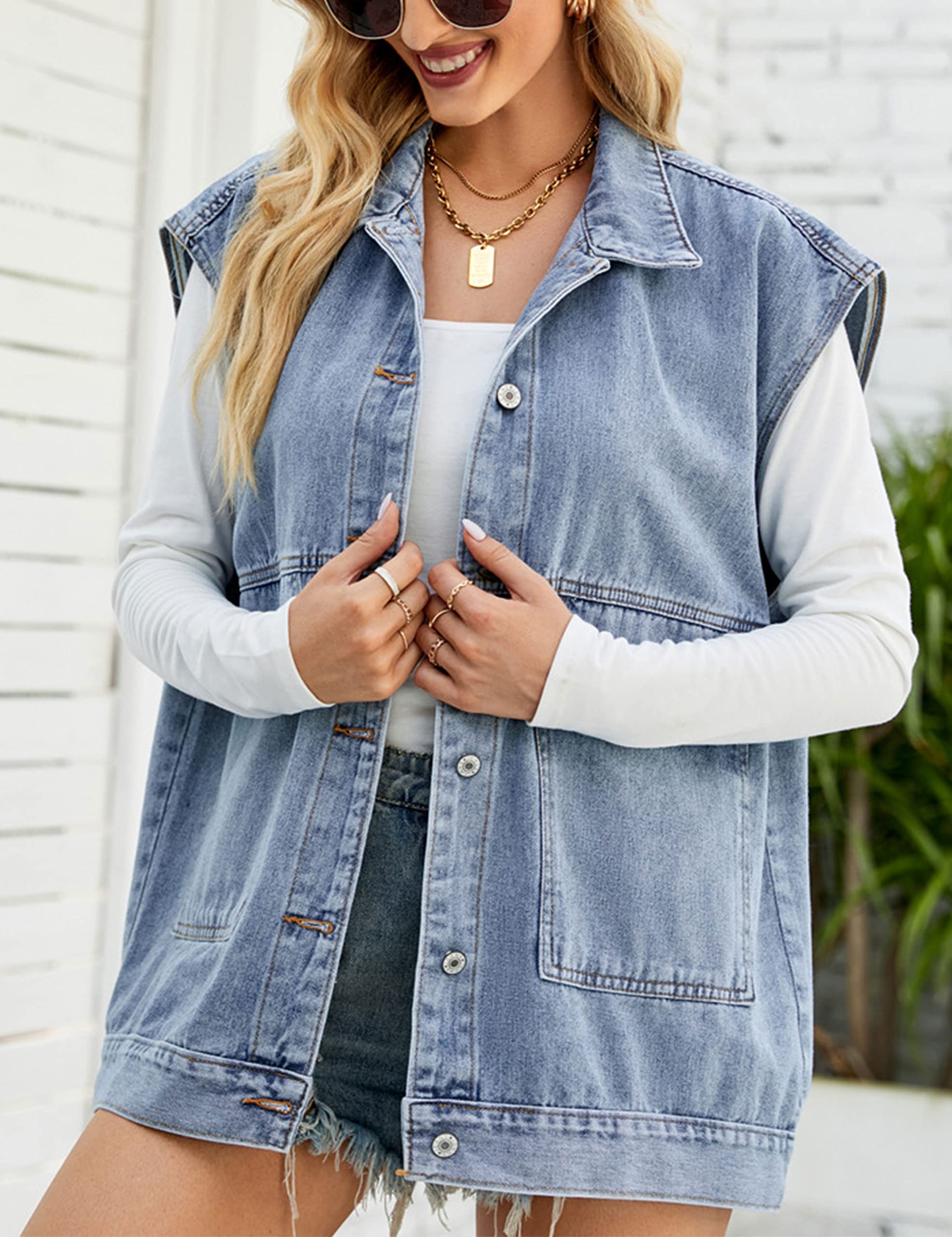 Zontroldy Women's Oversized Denim Vest - Sleeveless Button Down Jean Waistcoat Shacket Jacket | Casual Layering & Streetwear Outfits
