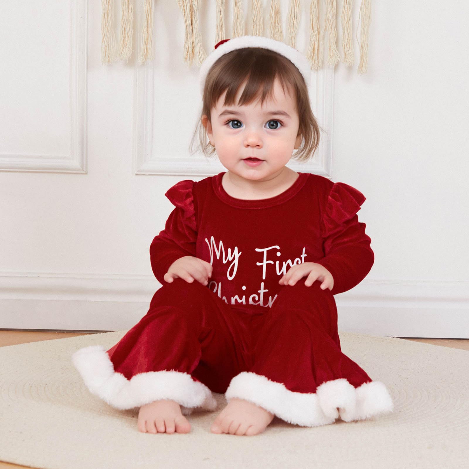 Adorable Toddler Baby Girl Christmas Outfits - Letter Print Ruffle Long Sleeve Romper & Flare Pants Set | Newborn Fall Winter Holiday Clothes for Parties & Family Photos