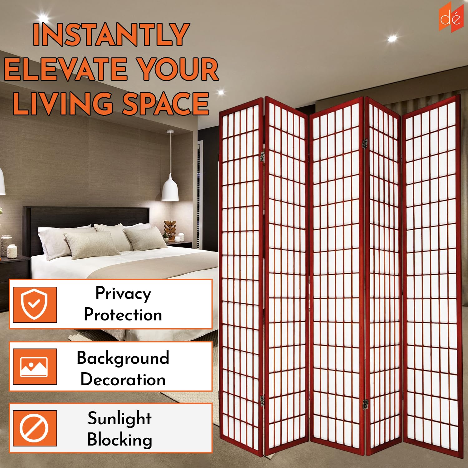 Legacy Decor 5-Panel Room Divider - 6ft Tall Portable Folding Privacy Screen - Shoji Style Freestanding Partition for Bedroom, Office & Studio - Cherry Wood Finish | Perfect for Home Decor, Room Separation & Dressing Area Privacy