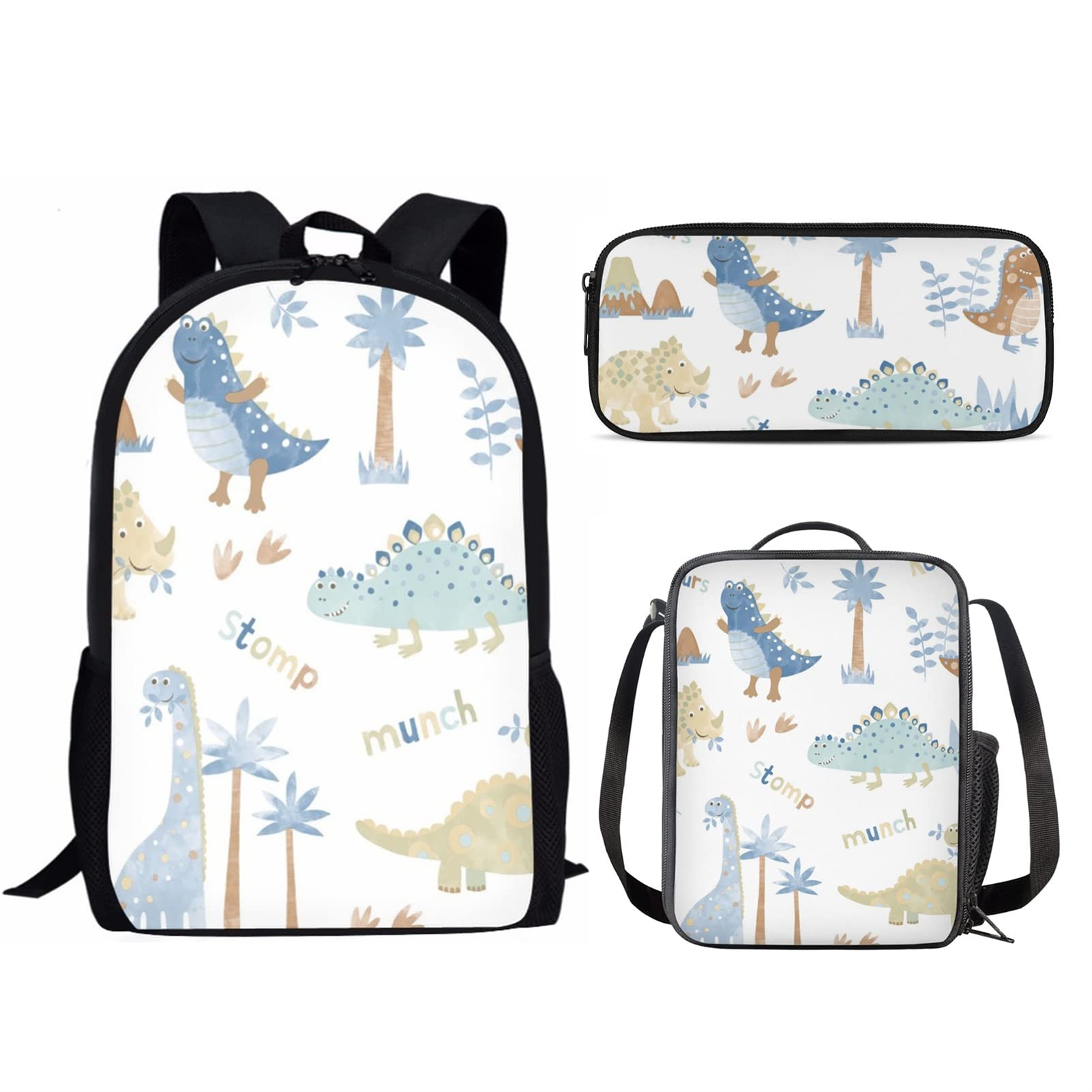 Dinosaur Backpack Set for Kids - 3-Piece Lightweight School Bag with Lunch Box & Pencil Case, Cute Cartoon Dinosaur Print Backpack for Boys & Girls, Perfect for Elementary, Preschool & Daycare Use