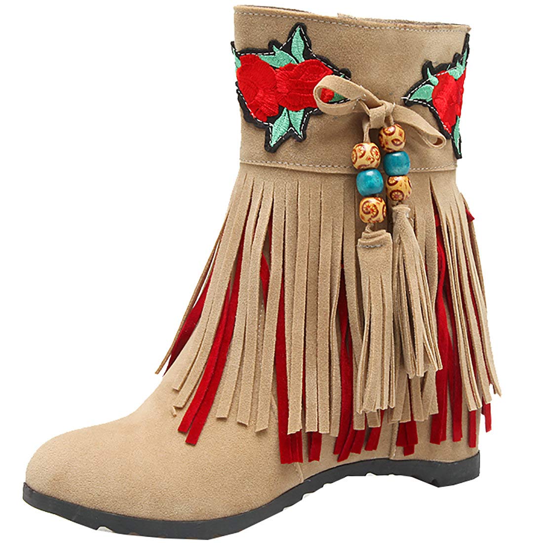 MAVMAX Women's Fringe Tassel Wedge Booties - Retro High Heel Ankle Boots for Casual Outfits & Night Out | Comfortable Fashion Shoes for Fall & Winter