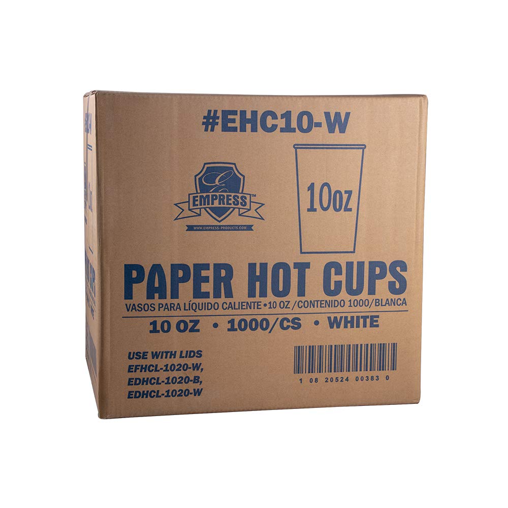 EHC10-W Empress Paper Hot Cup 10oz Squat White - 20/50 Case - Disposable Coffee Cups for Office, Cafes & Takeout