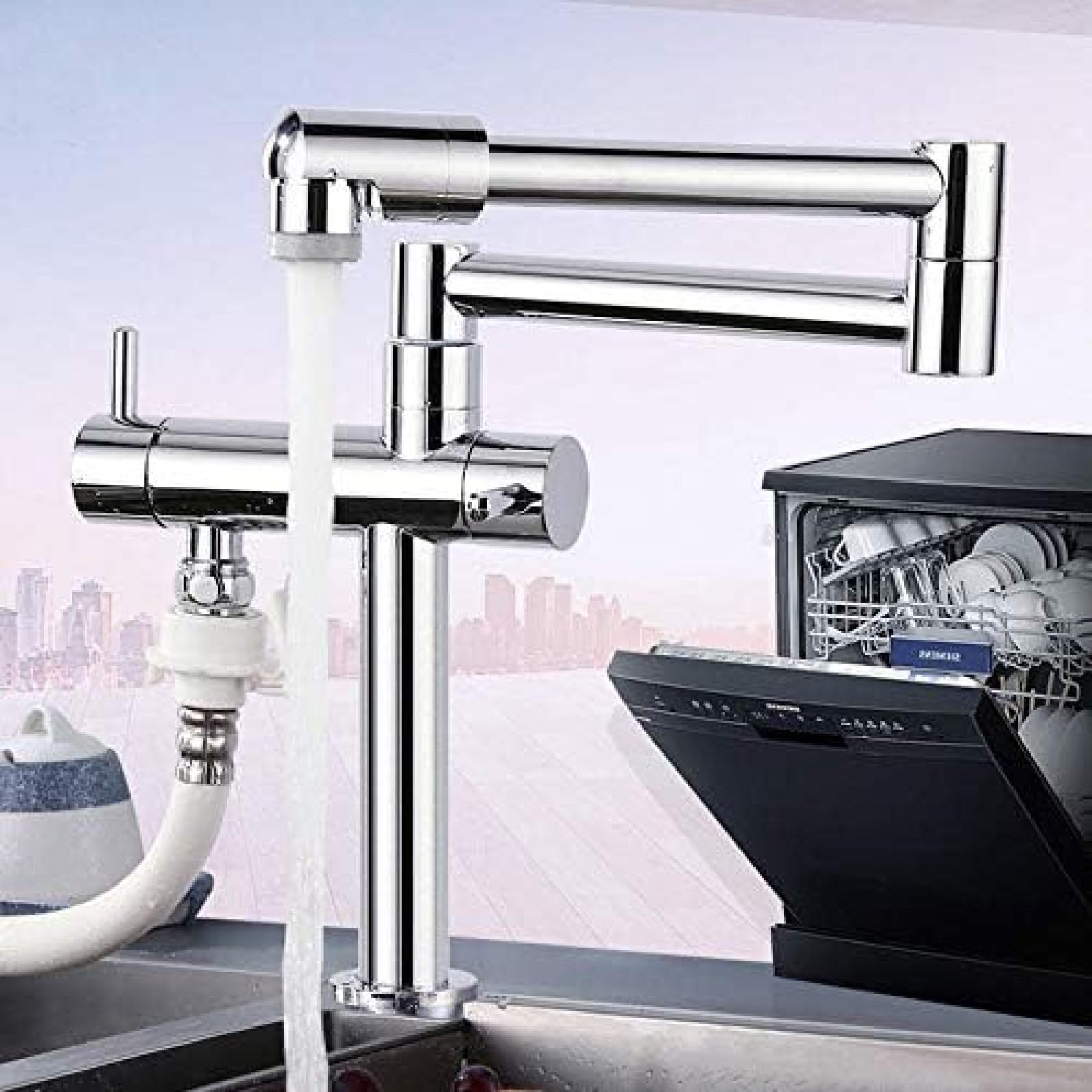 CRJUS Chrome Rotary Folding Kitchen Faucet - Cold Water Sink Tap with Universal Connector for Dishwasher & Home Use | Perfect for Small Kitchens, RVs & Apartments