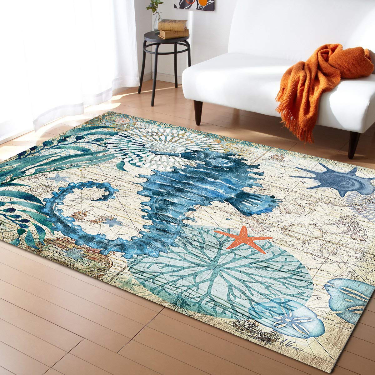 Coastal Themed Sea Horse Area Rug - Non-Slip Indoor Door Mat & Floor Carpet for Living Room, Bedroom - Mediterranean Beach Style Home Decor Rug | Perfect for Coastal Cottage, Beach House & Boho Chic Interiors