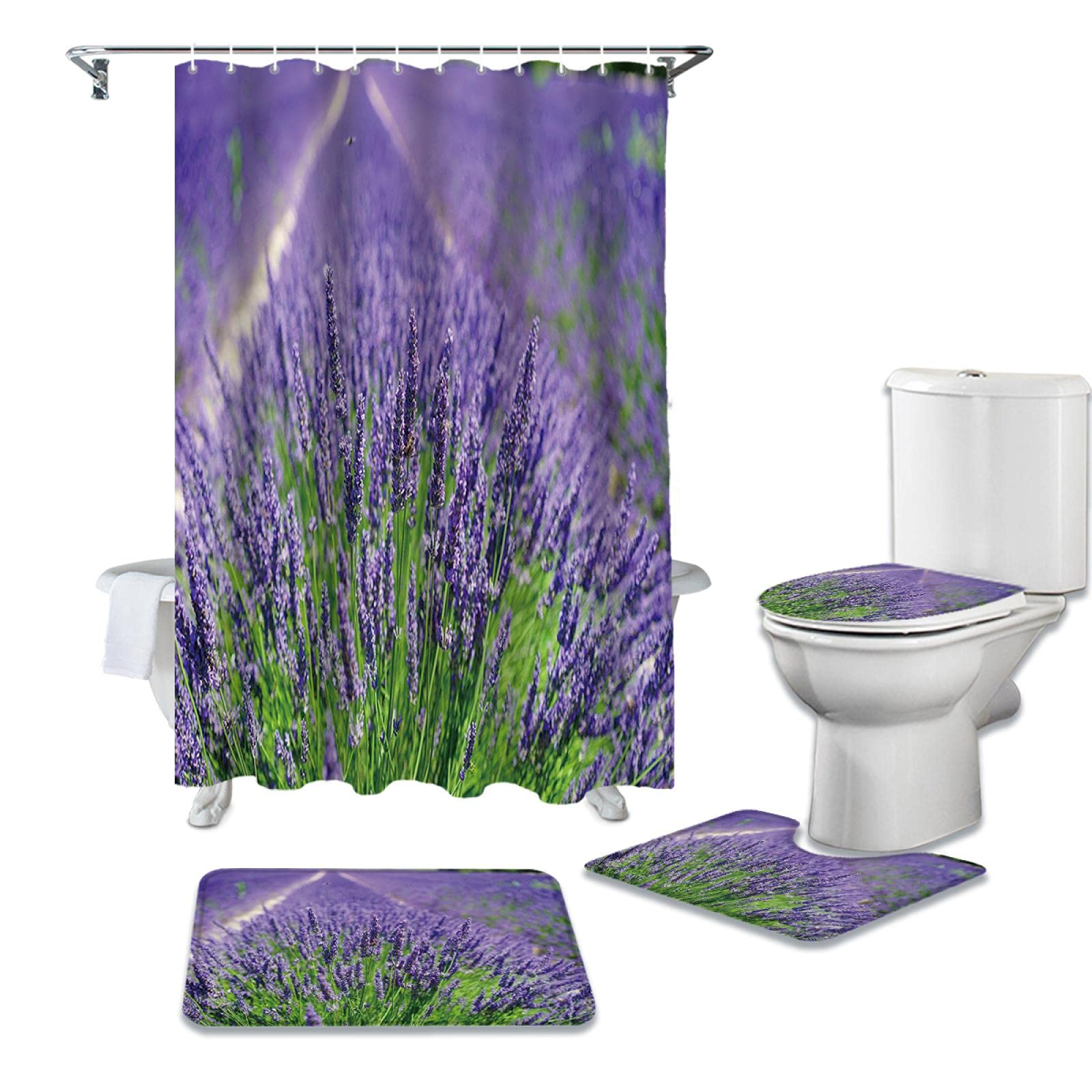 Lavender Flower Shower Curtain Set - Waterproof Bathroom Decor with Matching Carpet for Elegant & Relaxing Shower Experience | Perfect for Spa-Like Bathroom Retreats