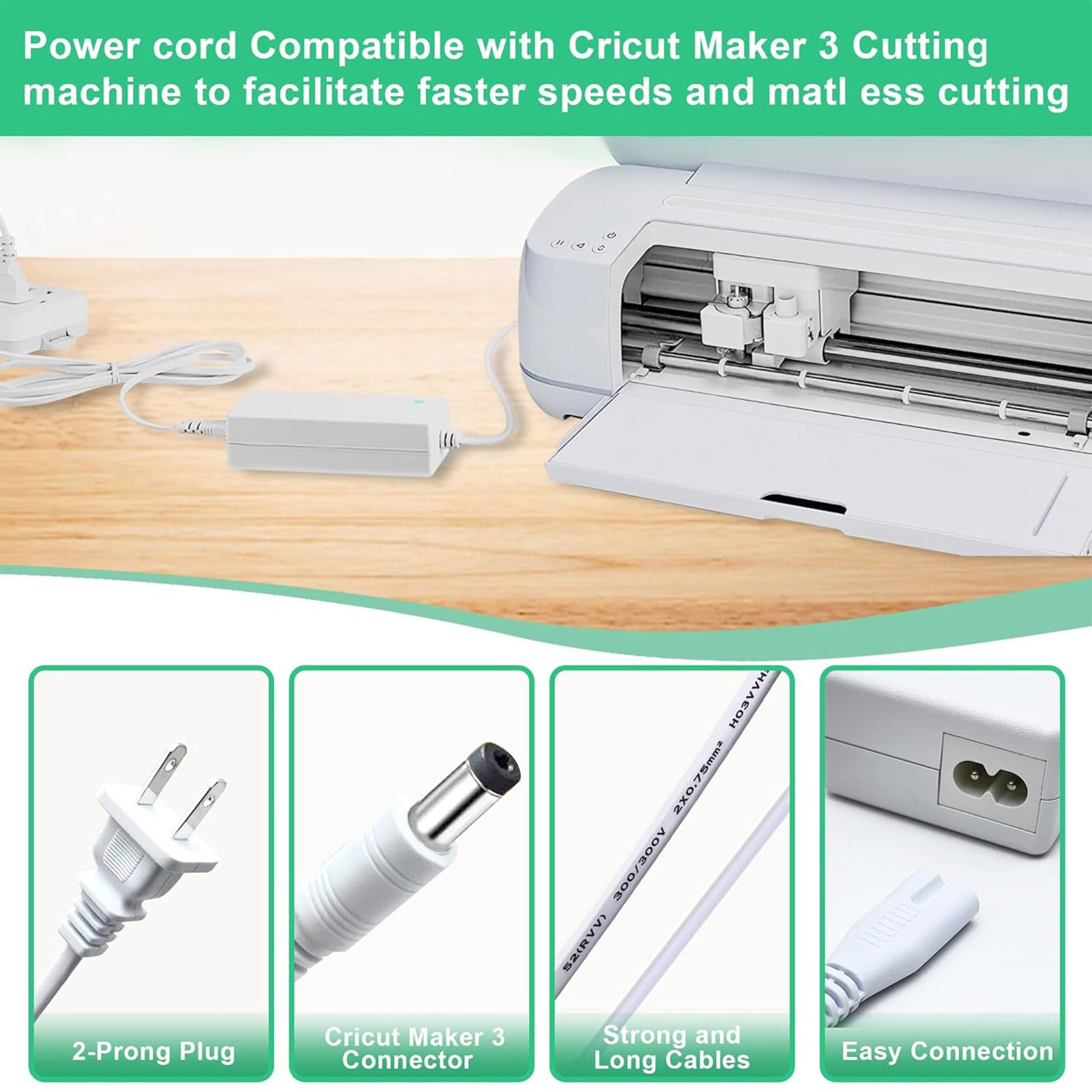 24VDC Power Cord Replacement for Cricut Maker 3 Cutting Machine - Compatible with Cricut Maker 3 Power Adapter & Charger (White) - Perfect for DIY Crafting, Vinyl Cutting & Scrapbooking Projects