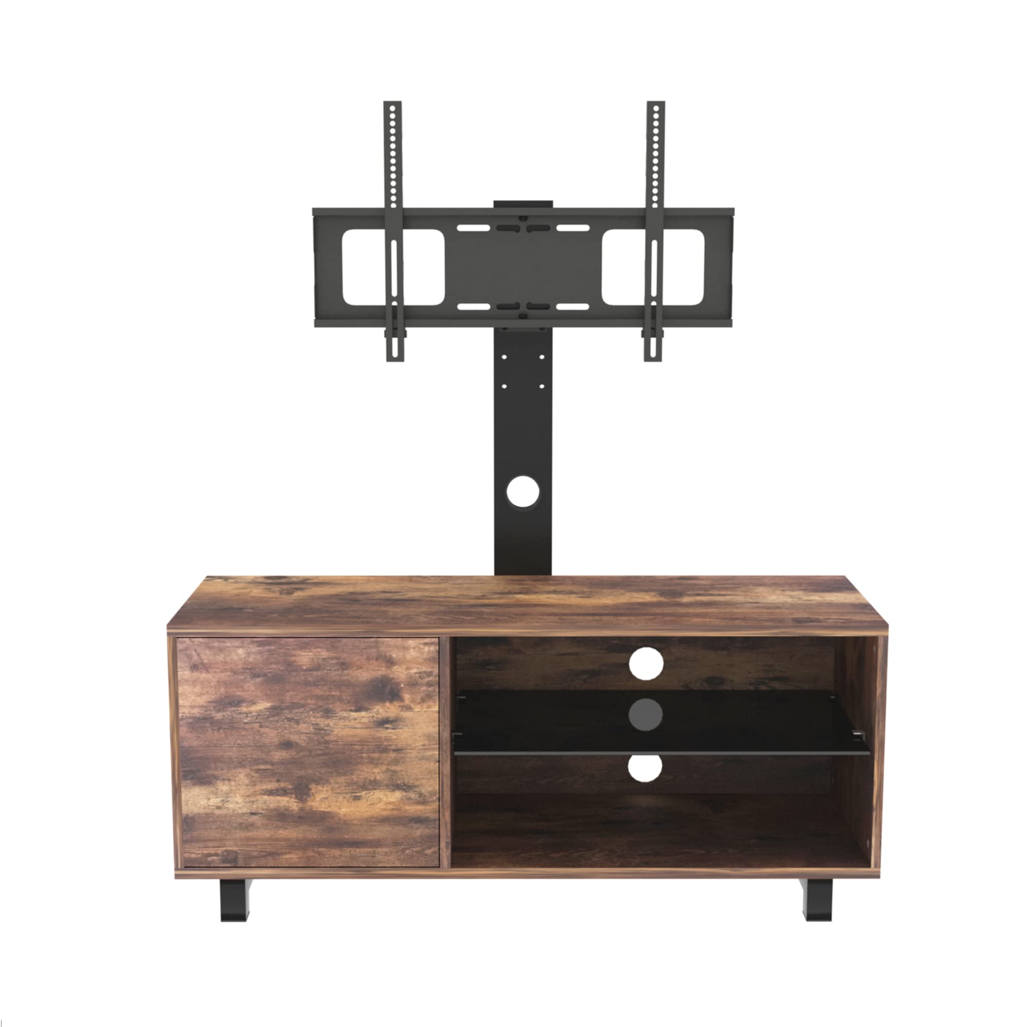 Rustic Brown Wooden TV Stand for 50-65 Inch TVs - Heavy Duty Metal Frame, Adjustable Height, Swivel Base & Tempered Glass - Universal Entertainment Center Holds Up to 110 lbs - Perfect for Living Room, Bedroom & Home Theater Setup
