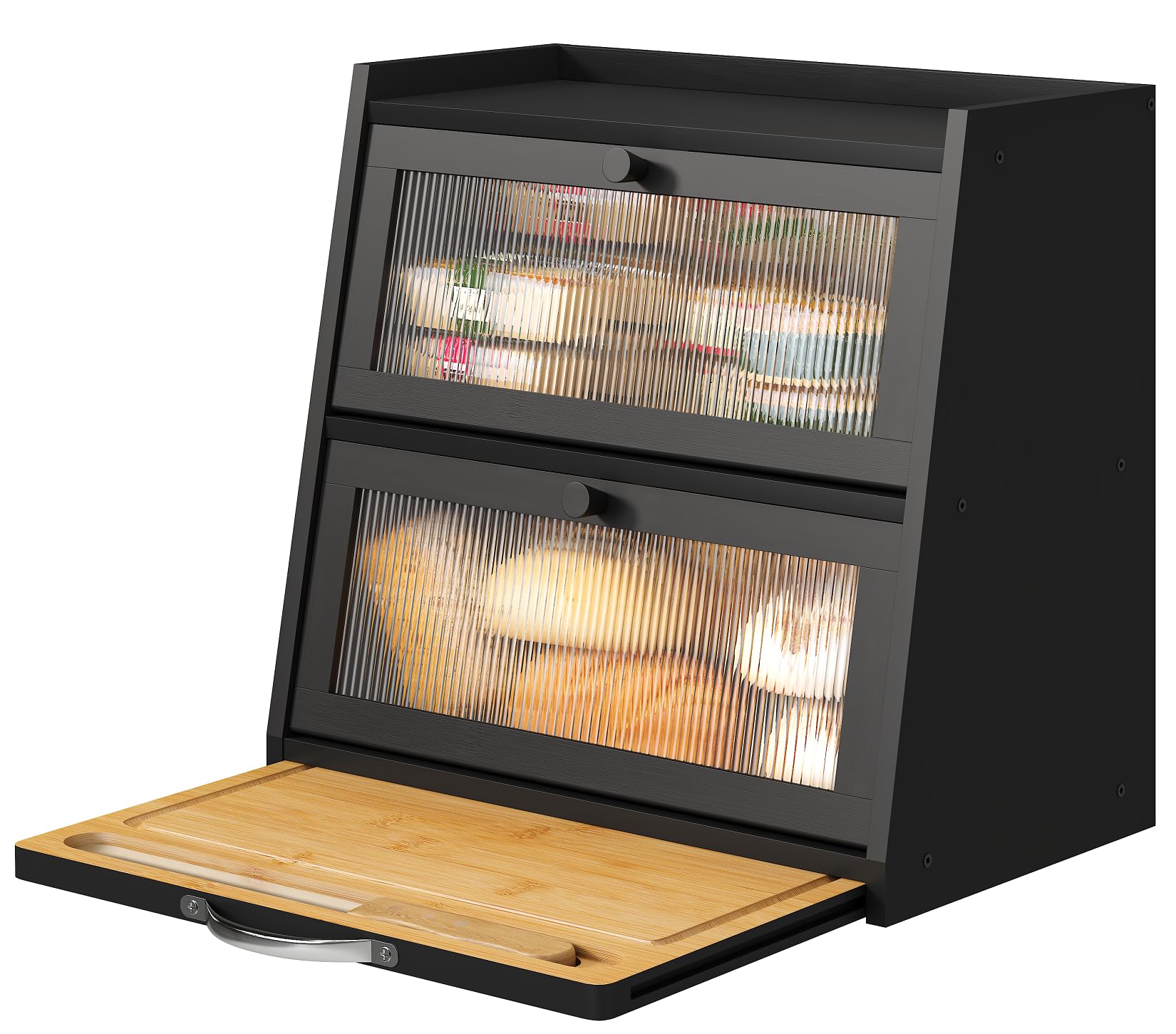 Black Bamboo Bread Box with Acrylic Wavy Door & Built-in Cutting Board - Large Capacity Kitchen Counter Bread Storage Bin for Fresh Bread, Baguettes, Pastries - Perfect for Bakeries, Restaurants & Home Kitchens