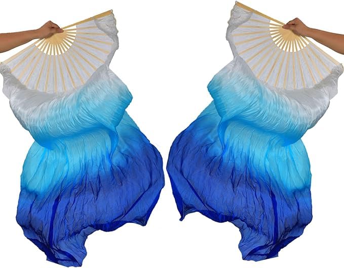 Handmade Silk Belly Dance Fan Veils - Long Bamboo Fans for Women Performers | Stage & Practice Use