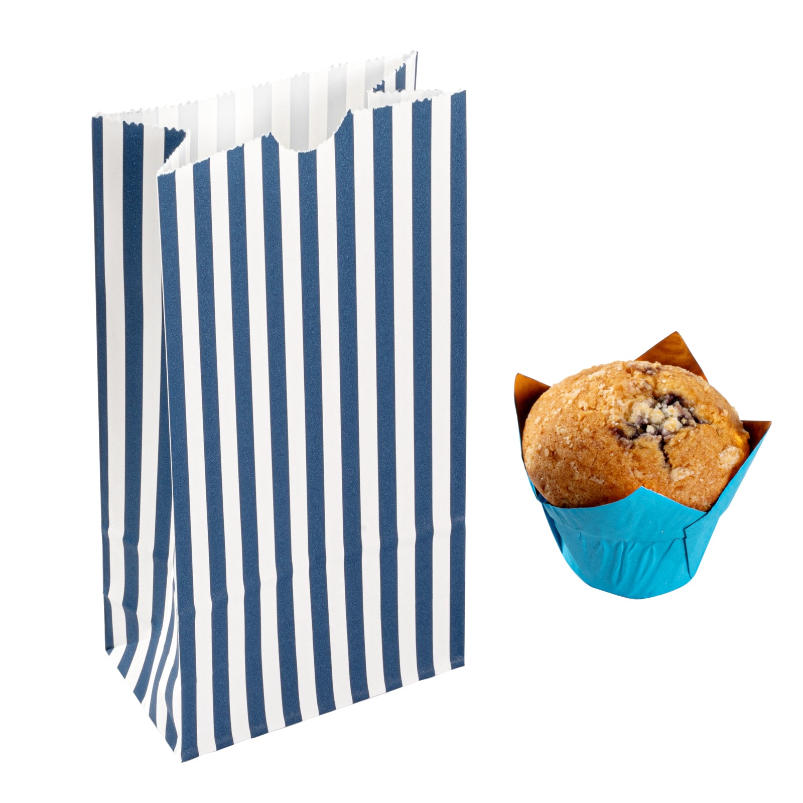 Premium Blue and White Striped Paper Bags - 2 lb Capacity, 4.25