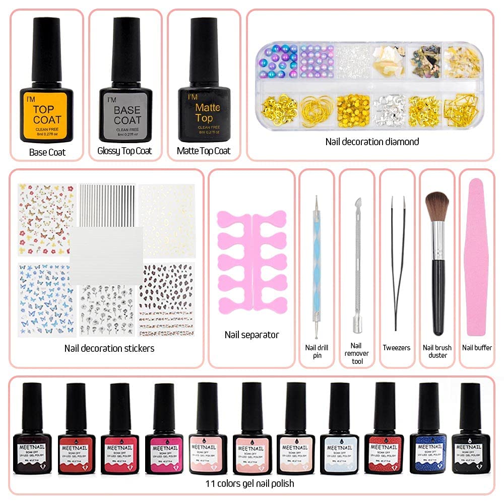 11 Colors Gel Nail Polish Kit with Base & Top Coat - Matte & Glossy Finish, Nail Art Stickers, Rhinestones & Manicure Tools | DIY Salon-Quality Nails at Home for Women & Teens | Perfect for Parties, Weddings & Special Occasions