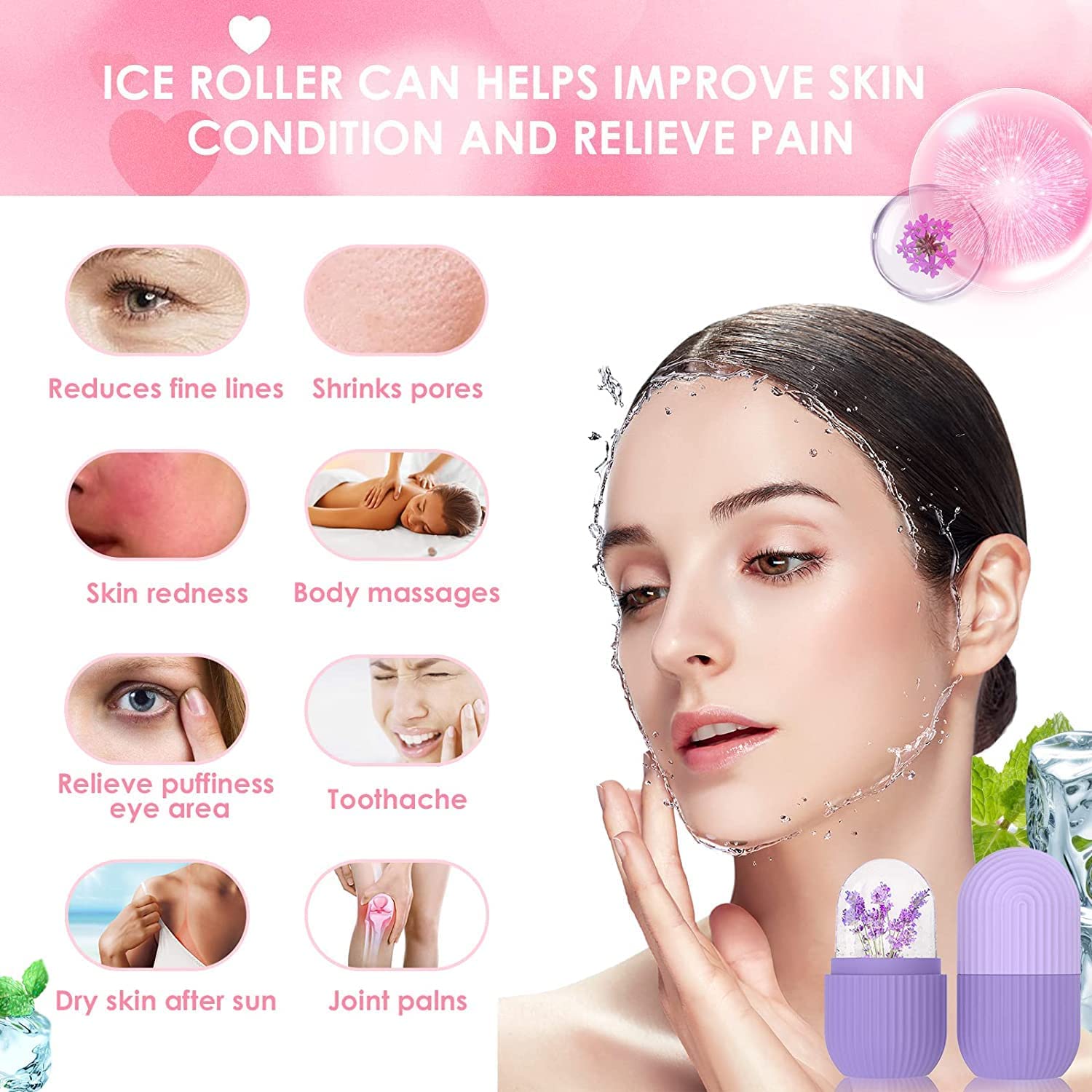 Btop Ice Face Roller - Silicone Facial Massage Tool for Eyes & Neck - Reduces Dark Circles & Pores - Cooling Skin Care Ice Cube Roller (Purple) - Perfect for Morning Routine & Post-Workout Recovery
