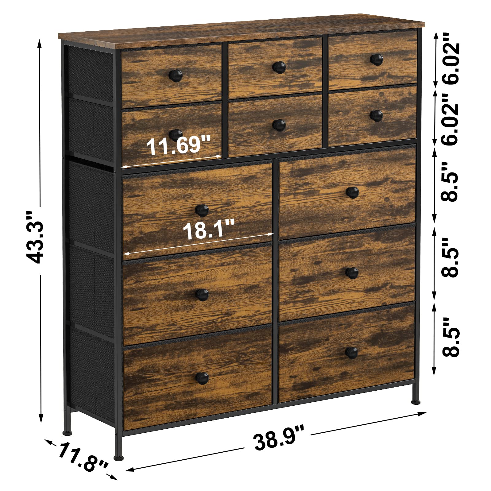 REAHOME 12-Drawer Dresser for Bedroom - Wooden Top Steel Frame Chest of Drawers, Large Capacity Storage Organizer for Living Room, Entryway & Office - Rustic Brown - Perfect for Bedroom Storage & Home Organization