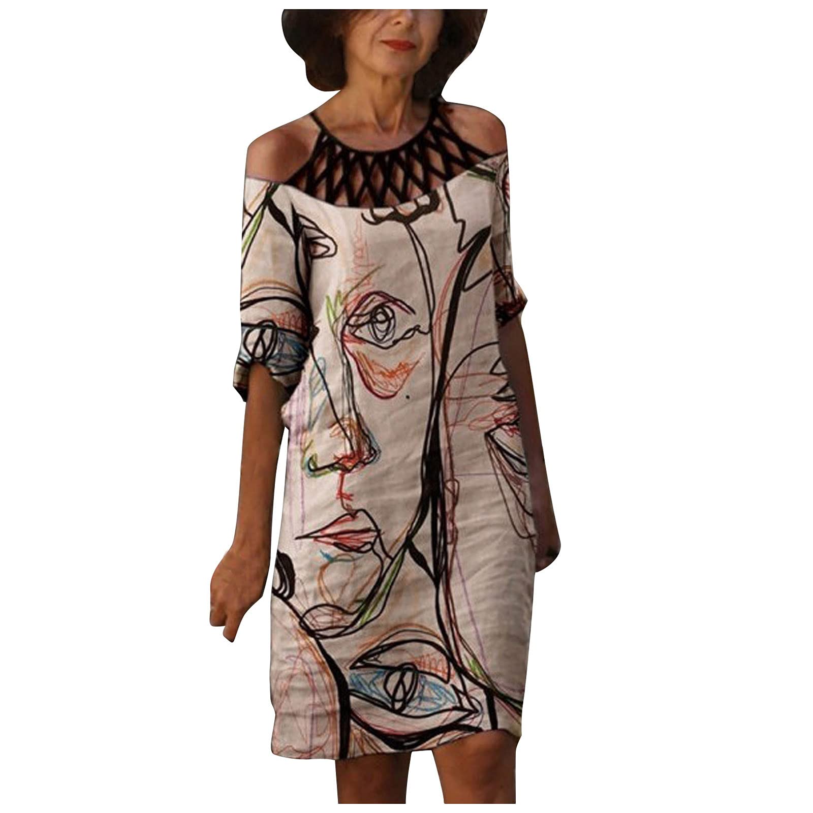 Casual Women's Hollow Out Sundress - Half Sleeve Halter Dress with Graffiti Butterfly Print | Perfect for Summer Beach, Vacation & Outdoor Parties