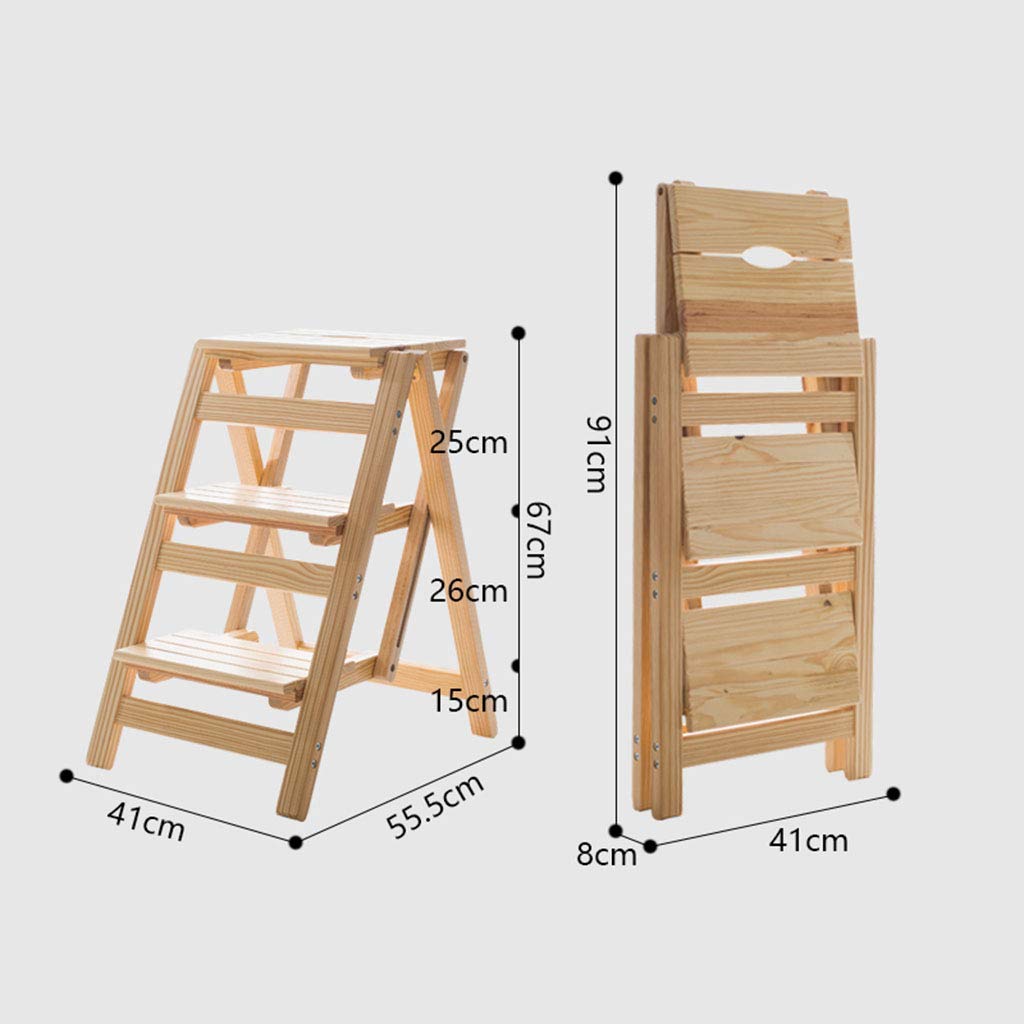 Natural Wood Folding Step Stool with Ladder - 3 Step Portable Stool for Chair, Shelving, and Home Library - 150kg Weight Capacity - Perfect for Reaching High Shelves, Home Organization, and Kids' Safety