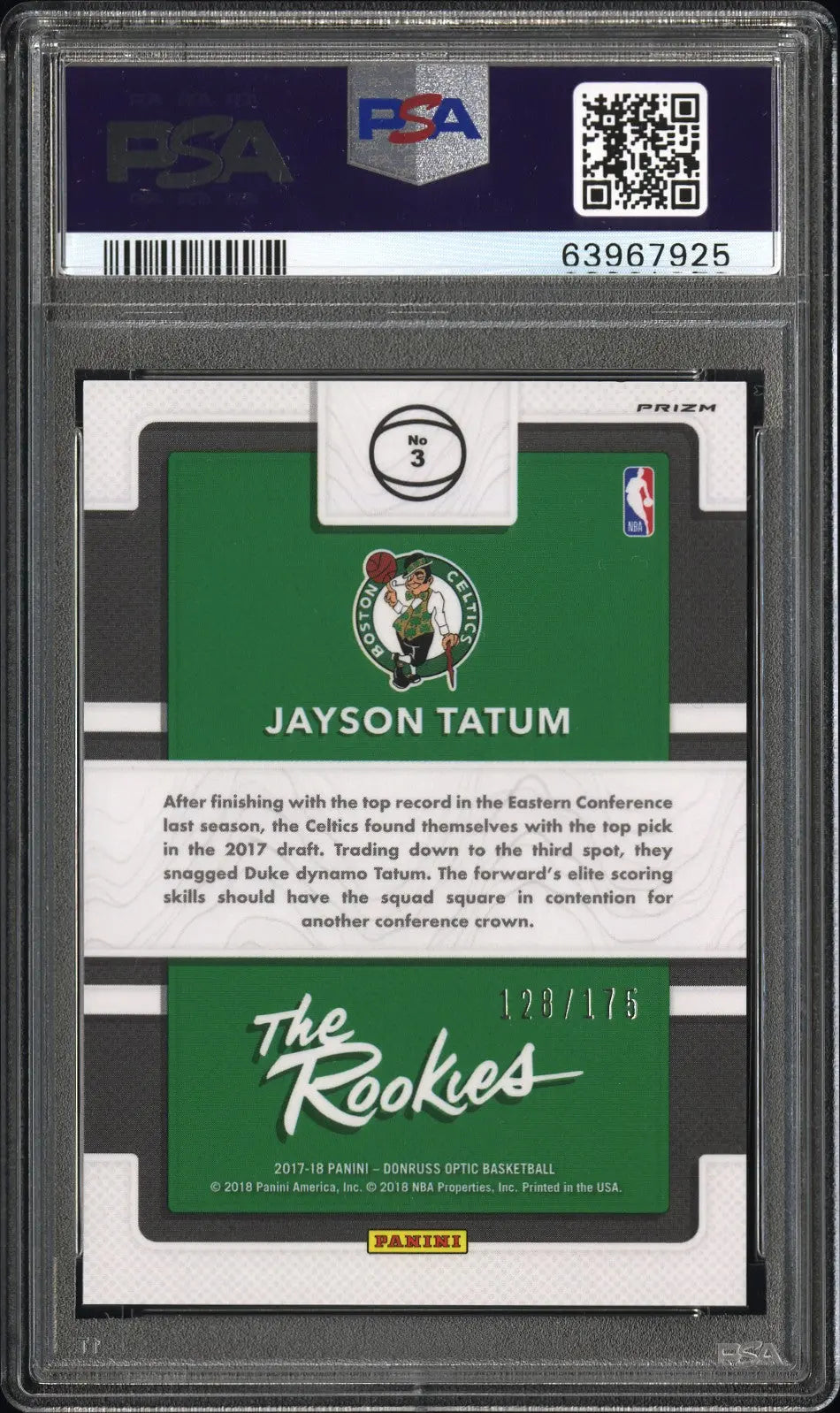 2017 Panini Donruss Optic Jayson Tatum Rookie Card Lime Green PSA 10 #175/175 - Perfect for NBA Collectors & Celtics Fans Display