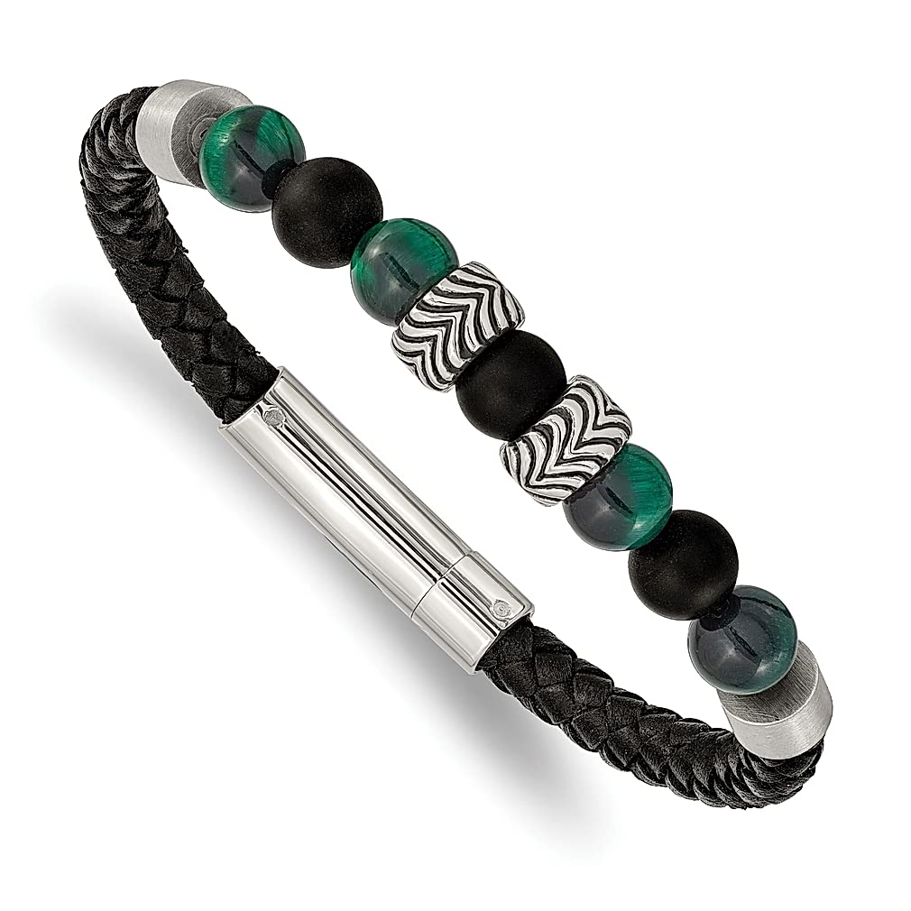 ICE CARATS Stainless Steel Black Agate Green Tigereye Beads Leather Bracelet - 8.5 Inch Adjustable Cord for Men, Natural Stone & Wood Fashion Jewelry - Perfect Gift for Dad, Husband & Him - Ideal for Casual Wear, Office & Special Occasions