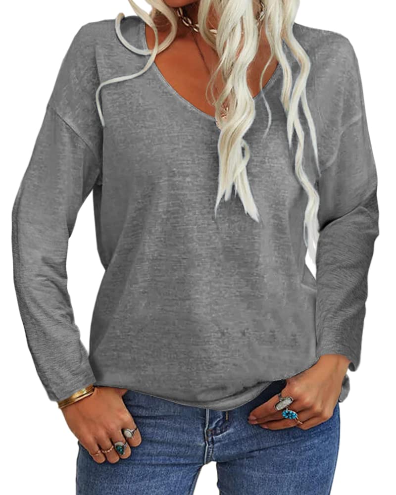 Tankaneo Women's Long Sleeve V-Neck Loose Fit Casual Tunic Tops - Solid Color Basic Shirts for Ladies | Perfect for Work, Weekend Outfits & Layering