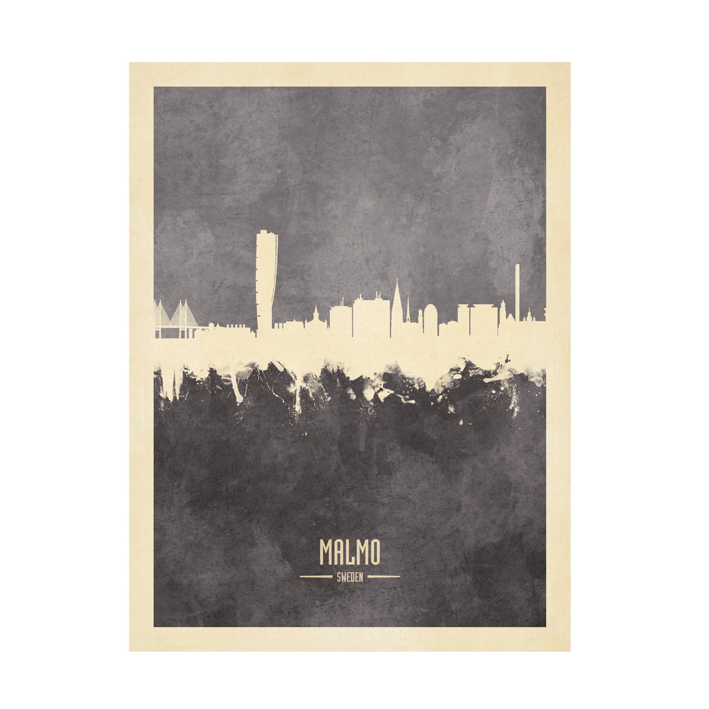 Michael Tompsett Malmo Sweden Skyline Gray Canvas Wall Art Print - Scandinavian Home Decor, Modern Office & Living Room Wall Decor