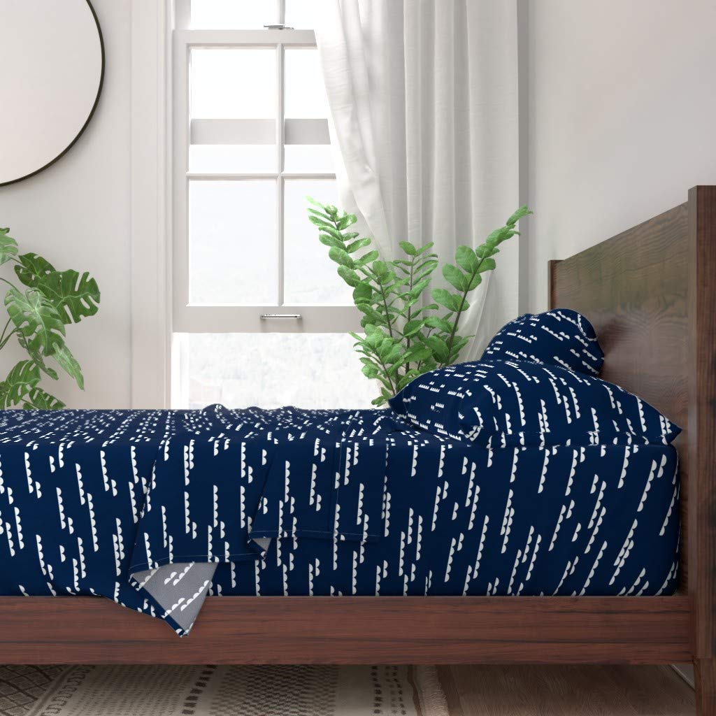 Premium 100% Cotton Twin 3-Piece Sheet Set - Navy & White Scallop Wave Ocean Abstract Print | Soft Breathable Bedding for Nursery, Kids Room & Guest Bed | Machine Washable