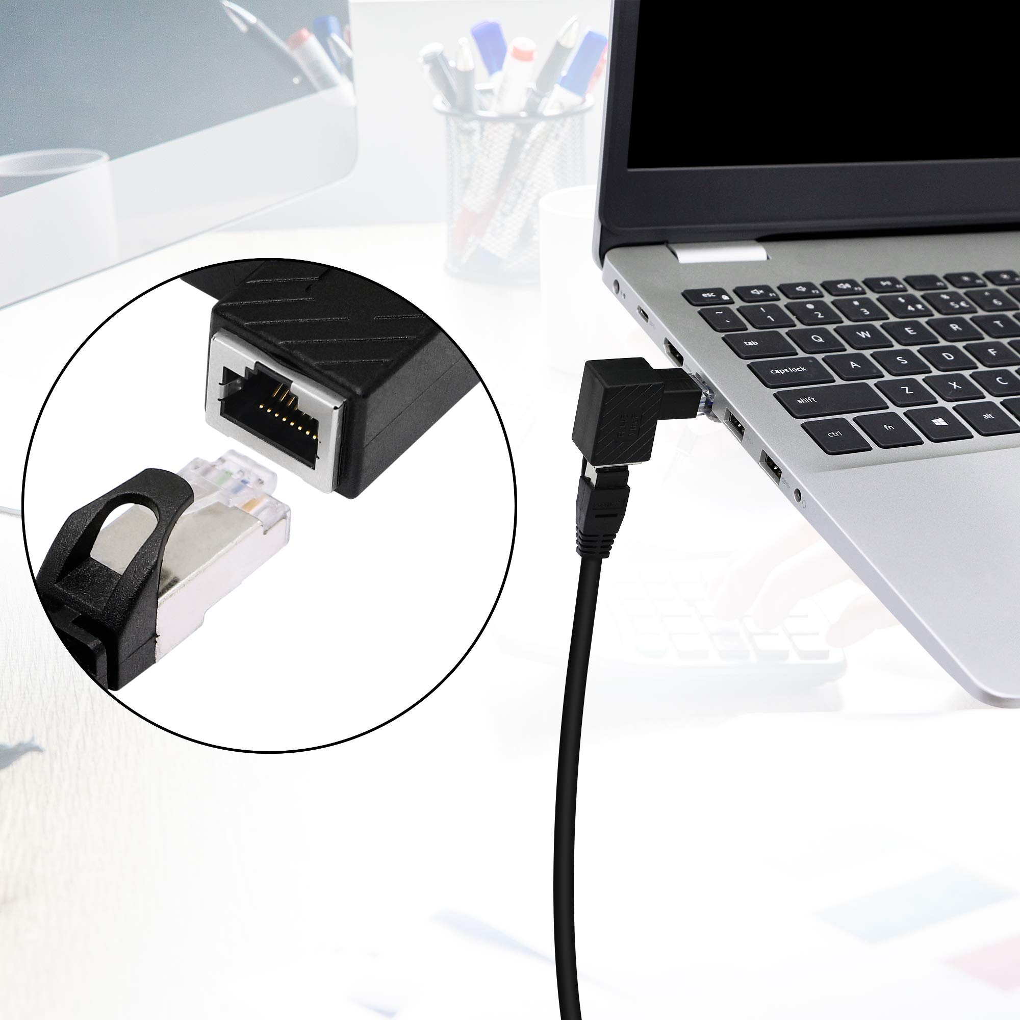 RIIEYOCA 90 Degree Down Angle Ethernet Adapter - 2 Pack RJ45 Male to Female Cat6 LAN Network Extension Connector for Computer, Laptop, Router - Perfect for Tight Spaces & Cable Management in Home Office, Gaming Setup & Server Rooms