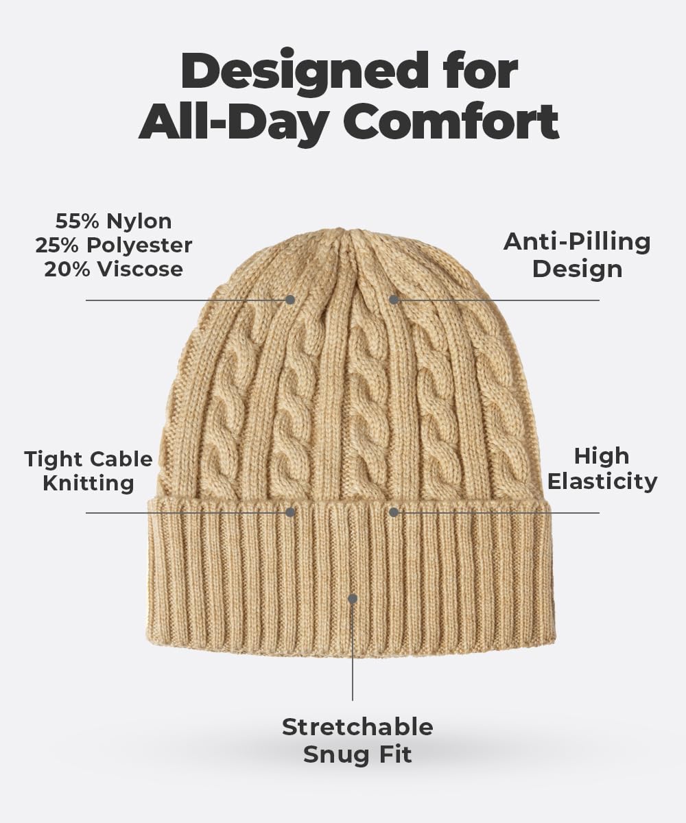 Revony Cable Knit Beanie for Women & Men - Soft Warm Winter Hat with Cashmere Feel - Perfect for Skiing, Snowboarding & Outdoor Activities