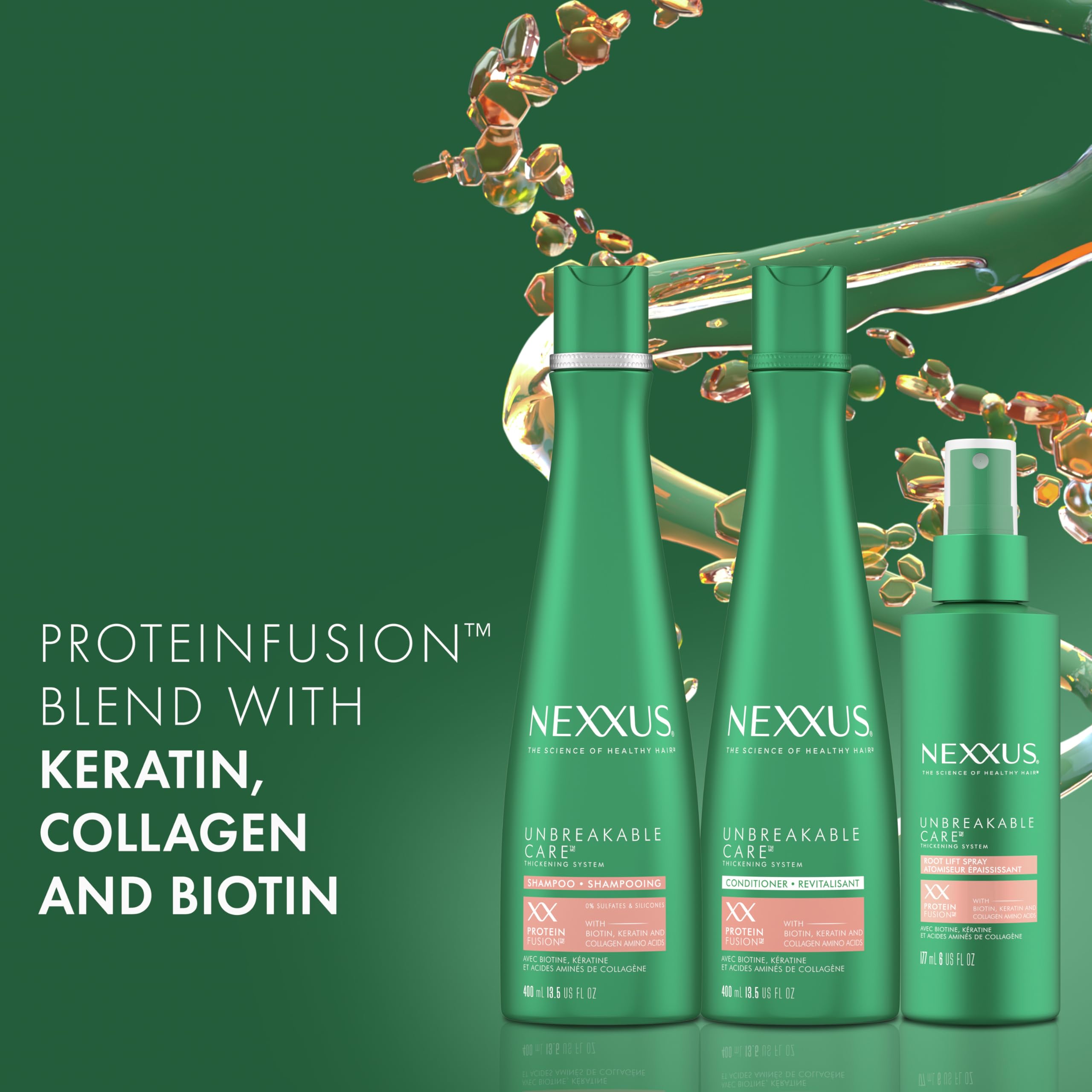 Nexxus Unbreakable Care Shampoo, Conditioner & Leave-In Spray 3-Pack for Fine Thin Hair - Keratin Collagen Biotin Treatment (13.5oz + 6oz) - Volumizing Hair Care Set for Daily Use & Damaged Hair Repair