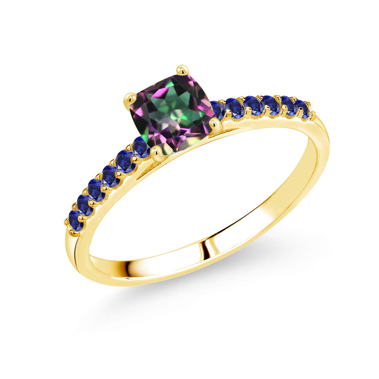 1.24 Ct Cushion Cut Green Mystic Topaz & Blue Created Sapphire 10K Yellow Gold Ring for Women | Elegant Gemstone Jewelry for Engagement, Anniversary & Special Occasions