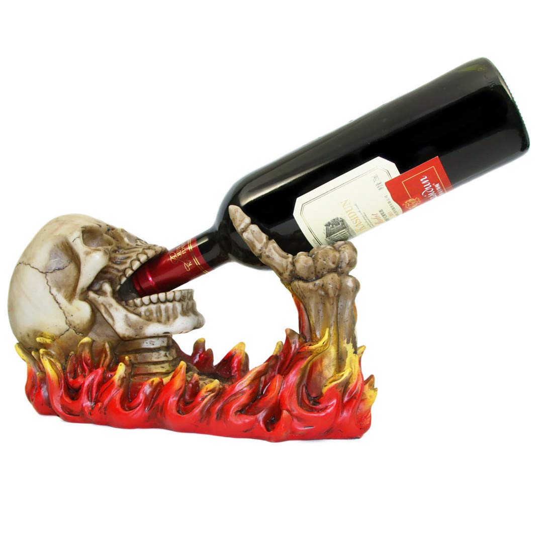 1Piece Skull Figurine Wine Bottle Holder - Flaming Skeleton Statue for Halloween Decor, Gothic Home Bar Accessories & Unique Gift for Wine Lovers