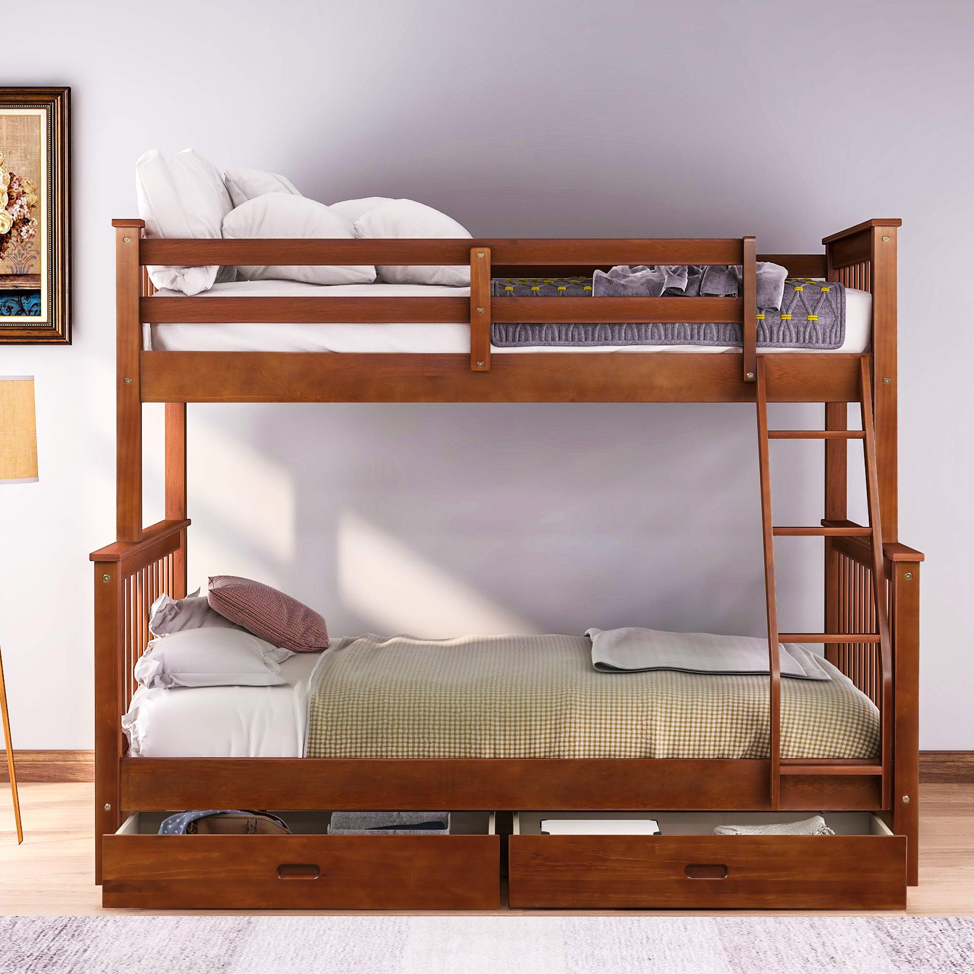 Kteam Space-Saving Twin Over Full Bunk Bed with Removable Ladder & 2 Storage Drawers - Solid Wood Bunk Bed in Walnut Finish | Perfect for Kids' Bedrooms, Guest Rooms & Small Spaces