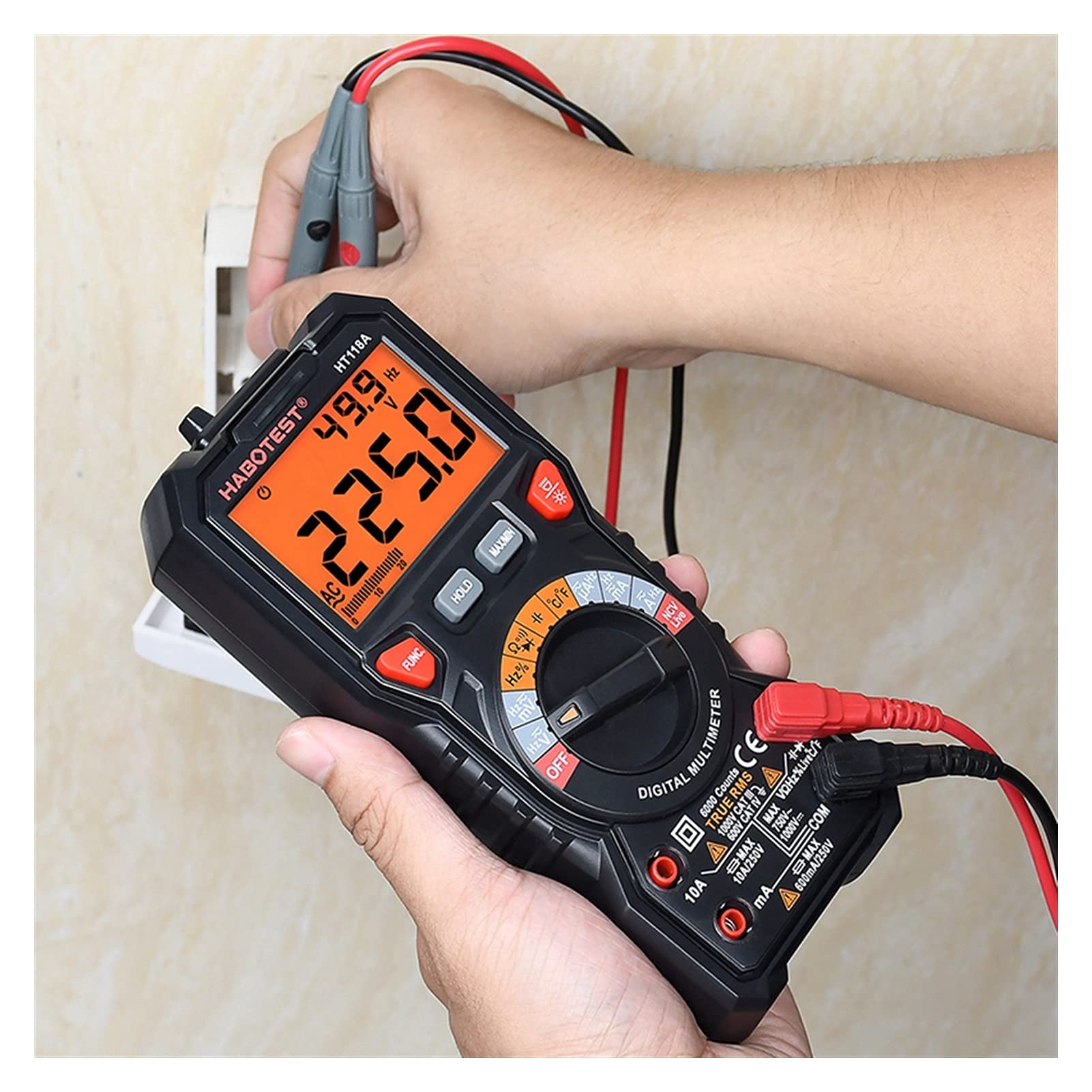 Professional HT118A Digital Multimeter - 1000V Voltage Tester with Transistor, Capacitance, Ohm, Hz & Temperature Measurement - Ideal for Home Electrical Repairs, Automotive Diagnostics & DIY Electronics Projects