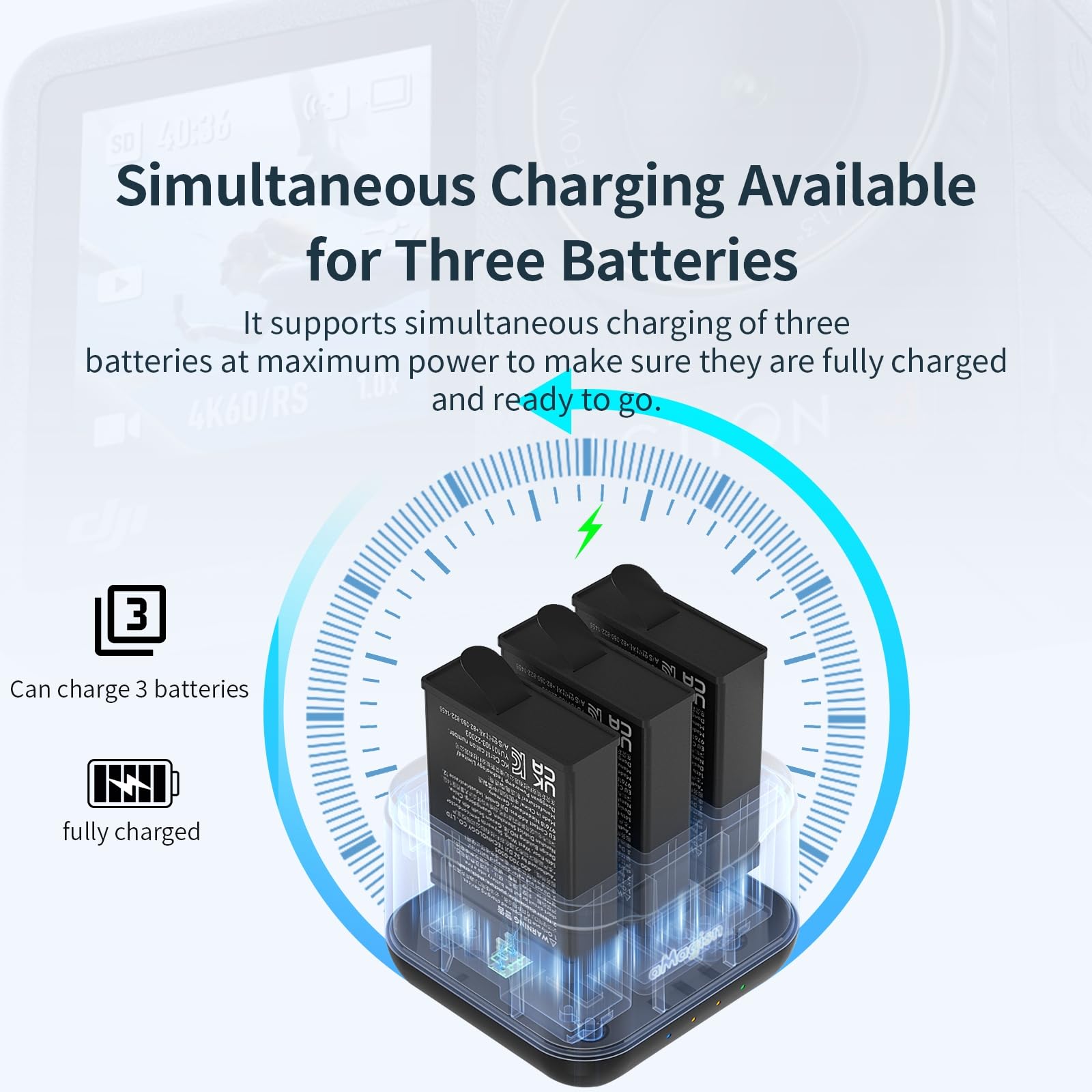 Levigo Sport Camera Battery Charger for DJI Osmo Action 4/3 - Triple Battery Rechargeable Charger Pack | Perfect for Action Camera Enthusiasts, Vloggers & Outdoor Adventures