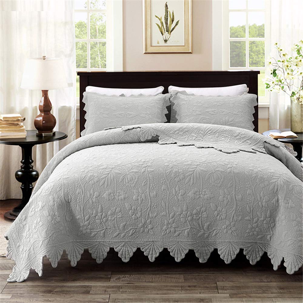ABREEZE Queen Size Ruffle Bedspread Set - 100% Cotton Grey Ruffled Comforter with Coverlet | 3-Piece Luxury Farmhouse Bedding for All Seasons | Perfect for Master Bedroom, Guest Room & Cozy Home Decor