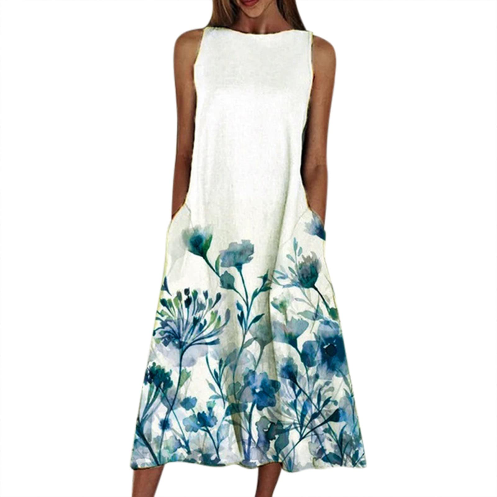 Women's Floral Print Sleeveless Long Dress - Elegant Beach Vacation & Party Club Wear, Round Neck Tunic Dress in Light Blue (Size S) | Perfect for Summer Outings, Weddings & Special Occasions
