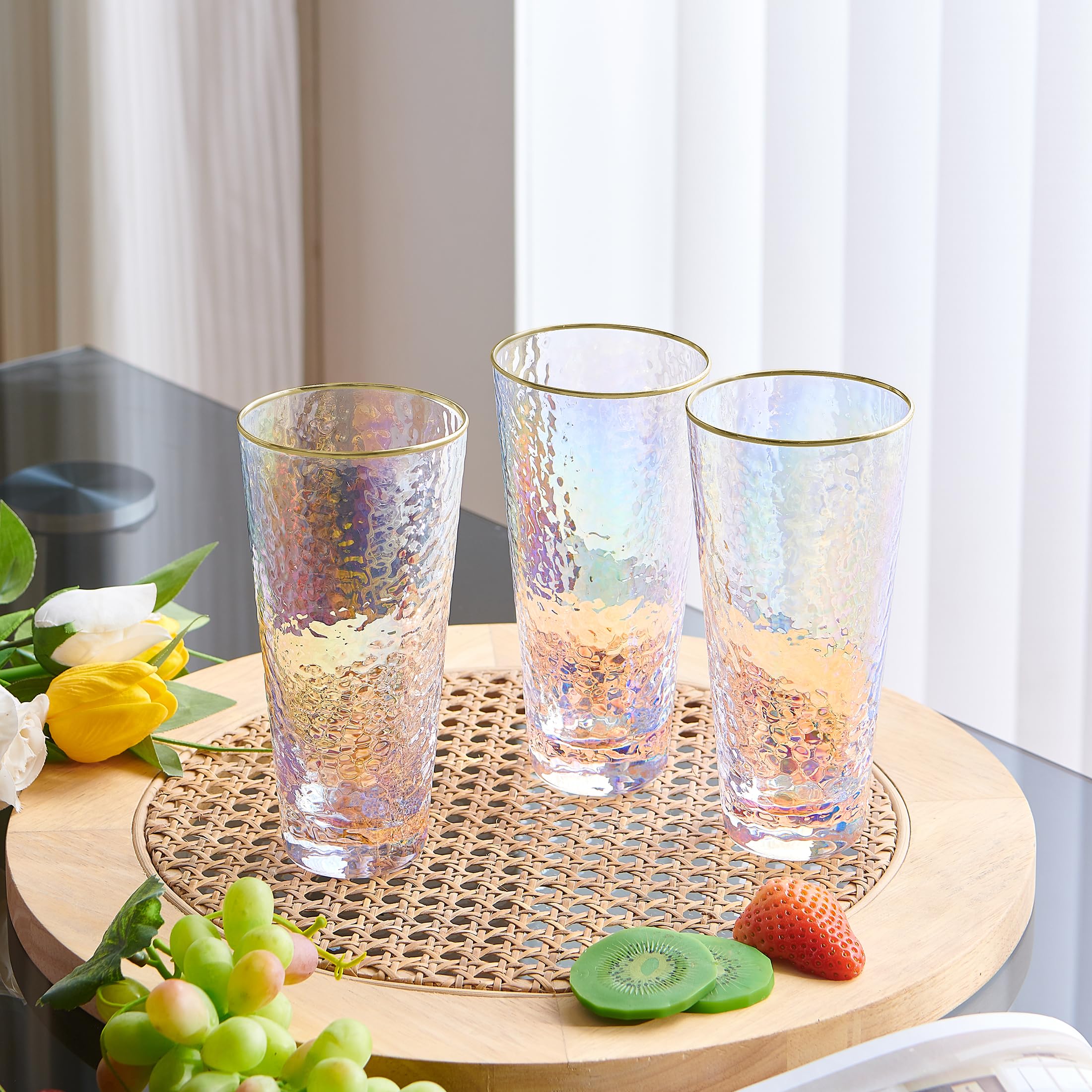 Premium Hammered Textured Gold Rim Water Glasses - Set of 6 Highball Drinking Glasses for Juice, Beer, Wine & Cocktails - Elegant Glassware for Dining, Entertaining & Home Bar Use