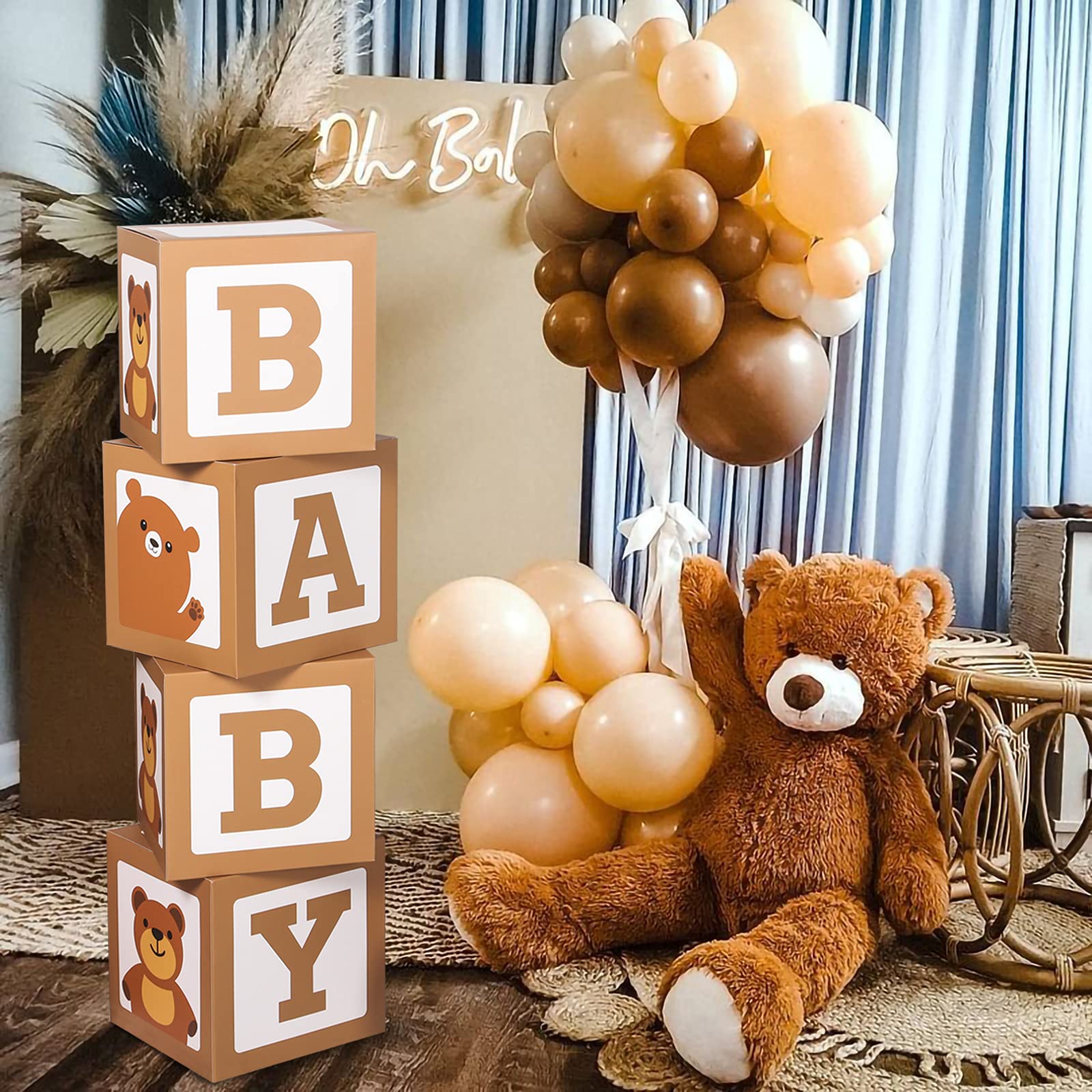 **Adorable Teddy Bear Baby Shower Gift Boxes – 4-Pack Brown Paper Balloon Boxes with Printed Teddy Bears & Baby Blocks – Perfect for 1st Birthday Party Decor, Gender Reveal Backdrop, Baby Shower Decorations (Boys & Girls) – Ideal for Nursery, Photo Props & Celebration Themes**