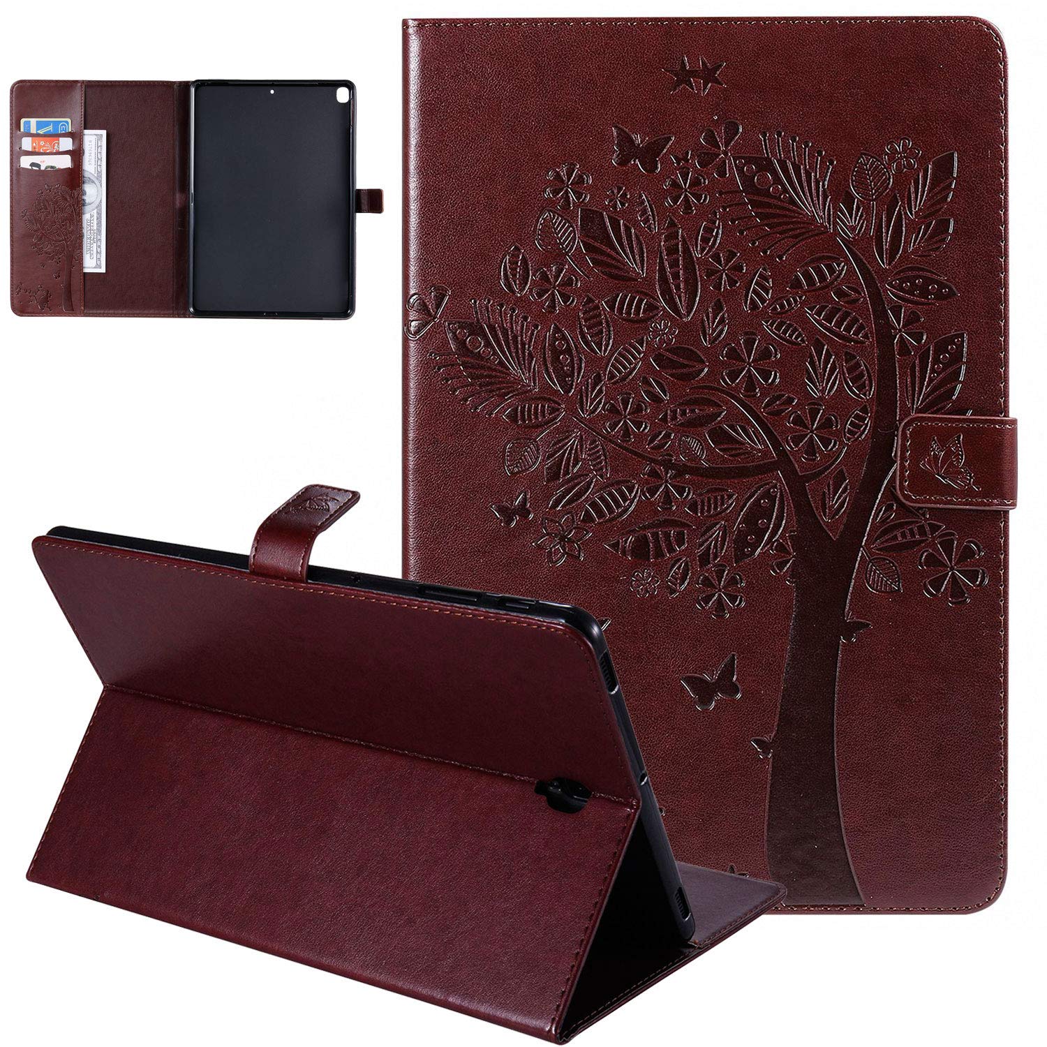 Premium PU Leather iPad 10.2 Case with Card Pocket - Auto Wake/Sleep Smart Cover for iPad 7th Gen (2019)/iPad Air 3/Pro 10.5 - Stylish Embossed Tree & Cat Design (D-Coffee) | Perfect for Work, Study & Travel Protection