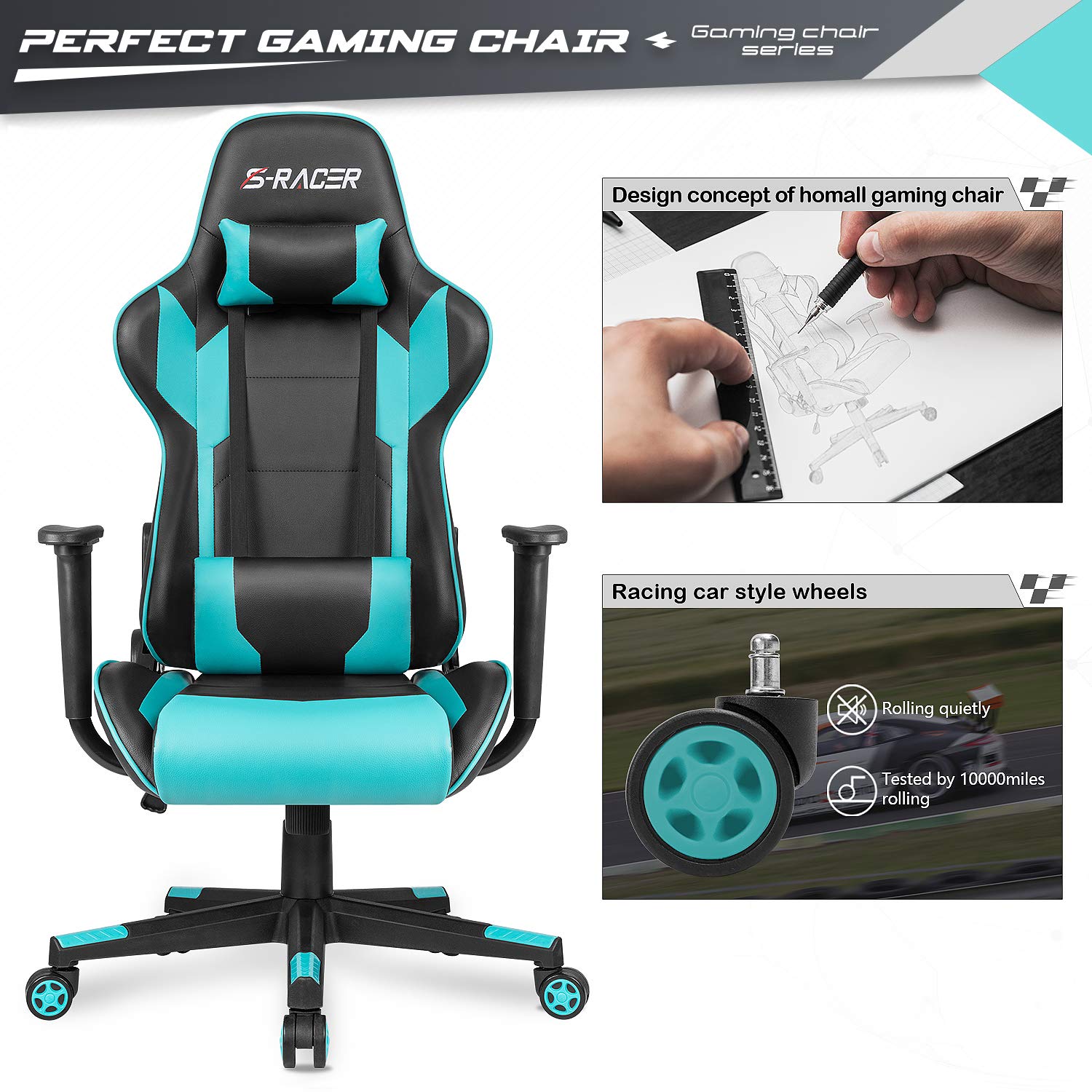 **Furniwell Ergonomic Gaming Chair - High Back PU Leather Office Chair with Adjustable Headrest & Lumbar Support, Swivel Computer Desk Chair for Home & Office Use (Cyan) - Perfect for Gaming, Working & Studying**