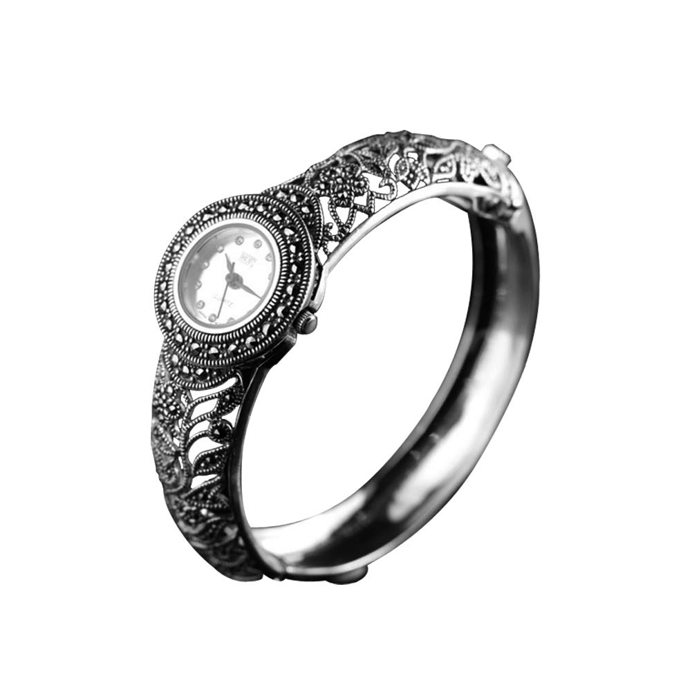 925 Sterling Silver Vintage Watch for Women - Jade Angel Retro Pave Marcasite Morning Glory Design | Elegant Dress Watch for Formal Occasions & Everyday Wear