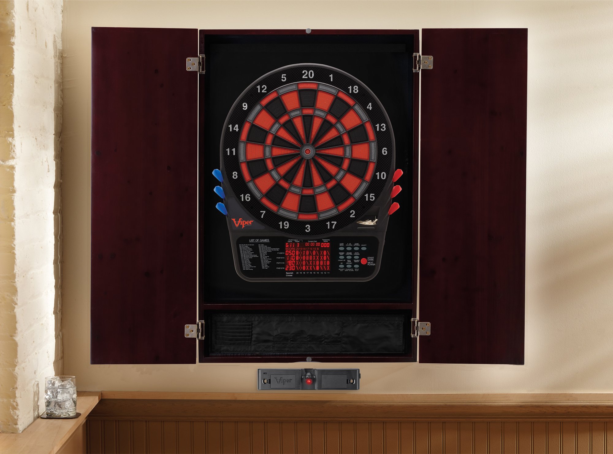 Premium Viper Metropolitan Solid Wood Dart Cabinet with Electronic Dartboard - Ready-to-Play Bundle Includes 2 Sets of Soft-Tip Darts & Integrated Storage - Multiple Stain Options for Home Game Rooms, Bars, and Entertainment Spaces