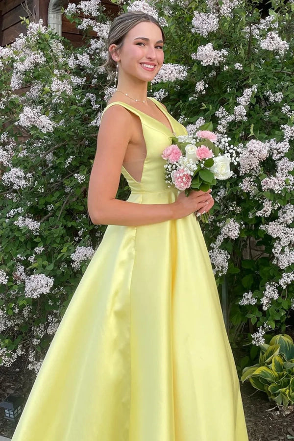 Elegant Yellow A-Line Satin Prom Dress with Straps - Long Formal Party Gown TP1396 | Perfect for Homecoming, Prom Night & Evening Events