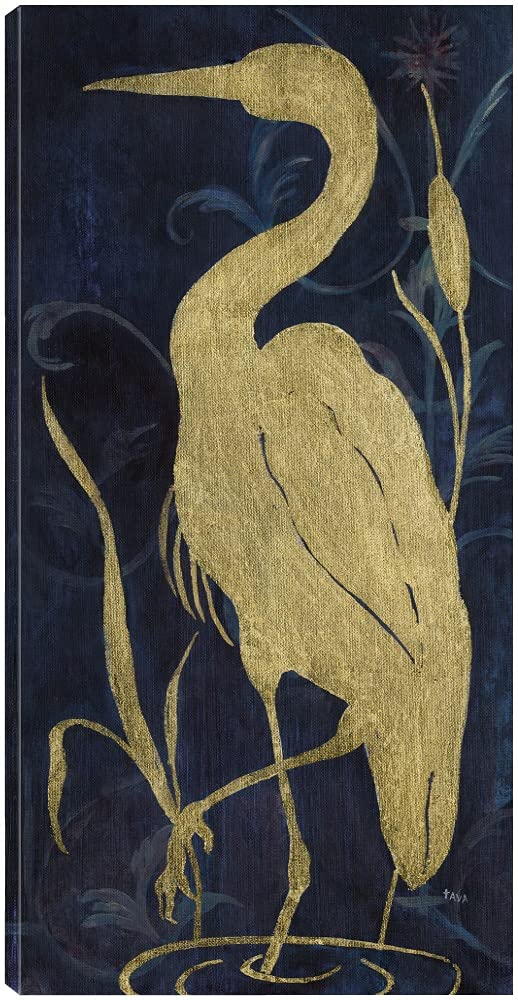 Janet Tava Egret on Indigo II Fine Art Canvas Print - 29x56 Inch Ready to Hang Wall Decor for Living Room, Bedroom, Office & More - Elegant Home Decor for Modern Spaces