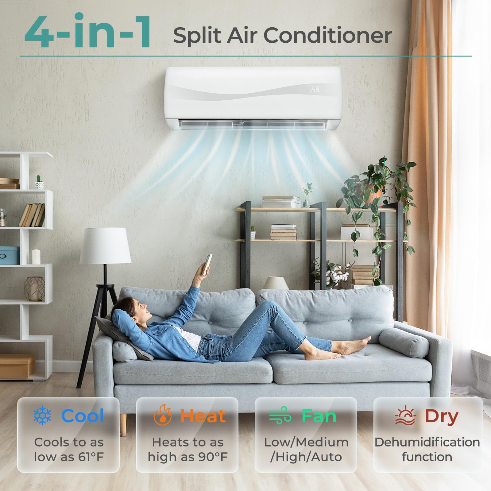 SIMOE 9000BTU Mini Split AC - 208-230V Wall-Mounted Inverter Air Conditioner & Heat Pump System | Energy Efficient 2/3 Ton Ductless HVAC with 17 SEER2 Rating | Perfect for Bedrooms, Living Rooms & Small Offices
