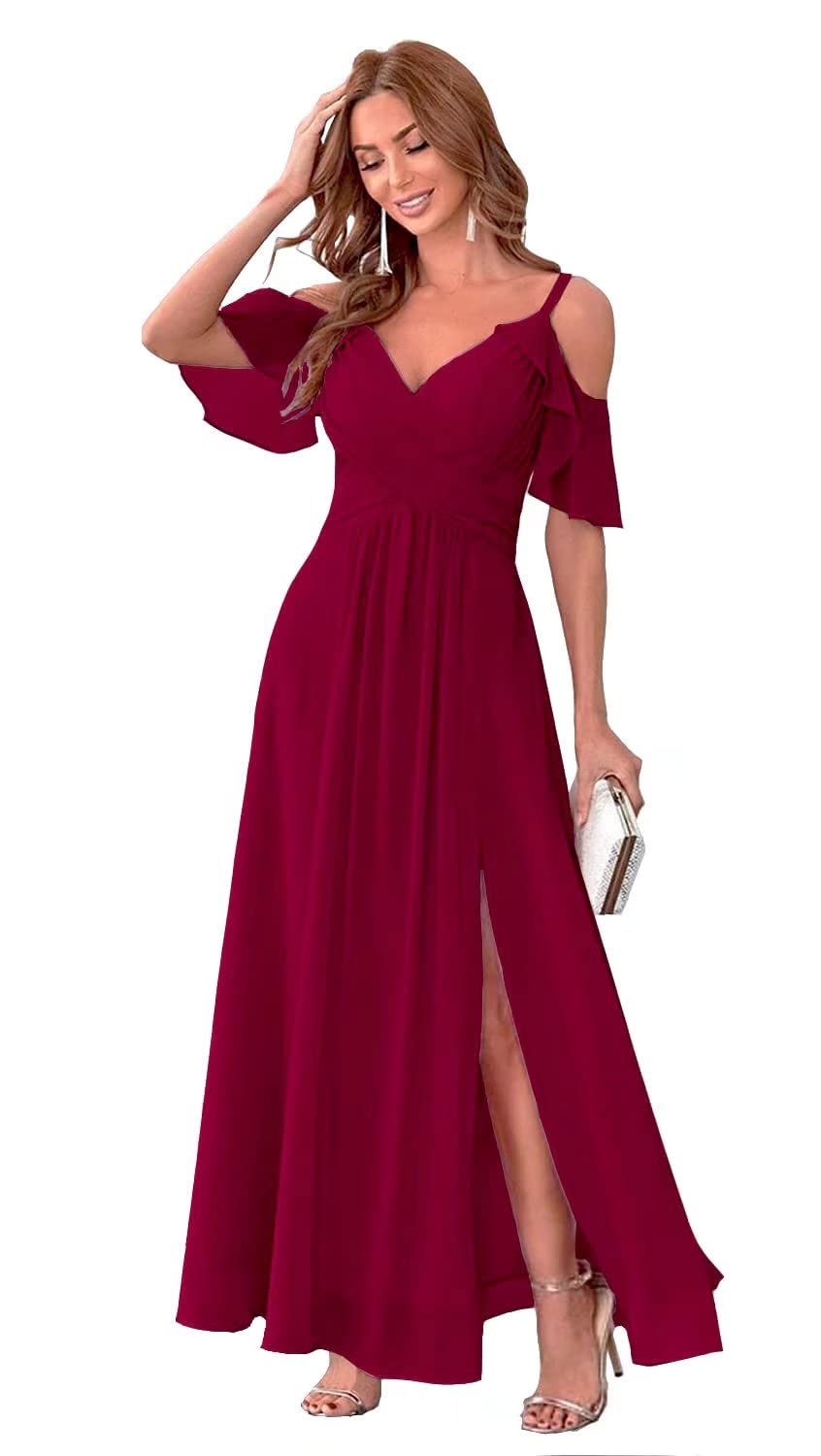 UZN Women's Chiffon Cold Shoulder Bridesmaid Dress Long Formal Gown with High Slit - Elegant Evening Party, Wedding Guest & Prom Dress for Juniors