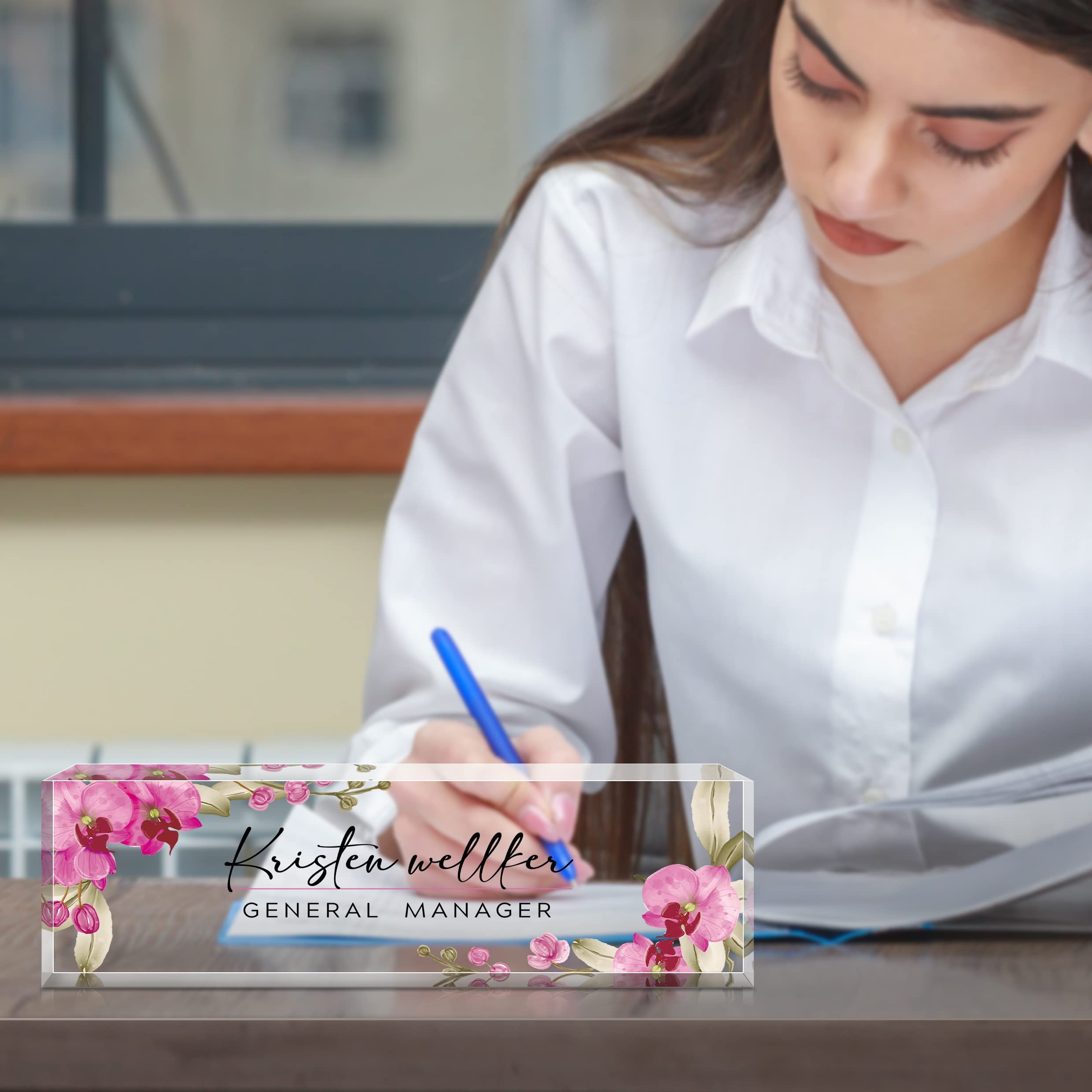 Personalized Acrylic Desk Name Plate with Butterfly Orchid Design - Custom Office Name Sign for Coworkers, Boss, Employee & Teacher - Elegant Desk Decor for Women & Men | Perfect for Office, Home Workspace & Gift Giving