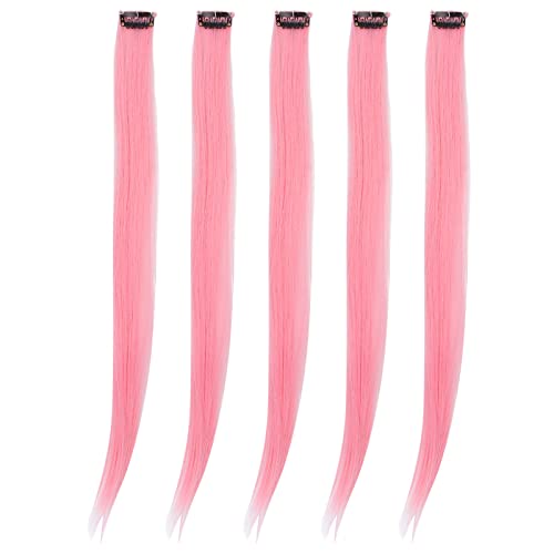 5Pcs Clip-In Hair Extensions - Long Straight Synthetic Hairpieces with Breathable Design, Fashionable Hair Accessories for Women & Girls (Light Pink) - Perfect for Parties, Cosplay, and Daily Styling