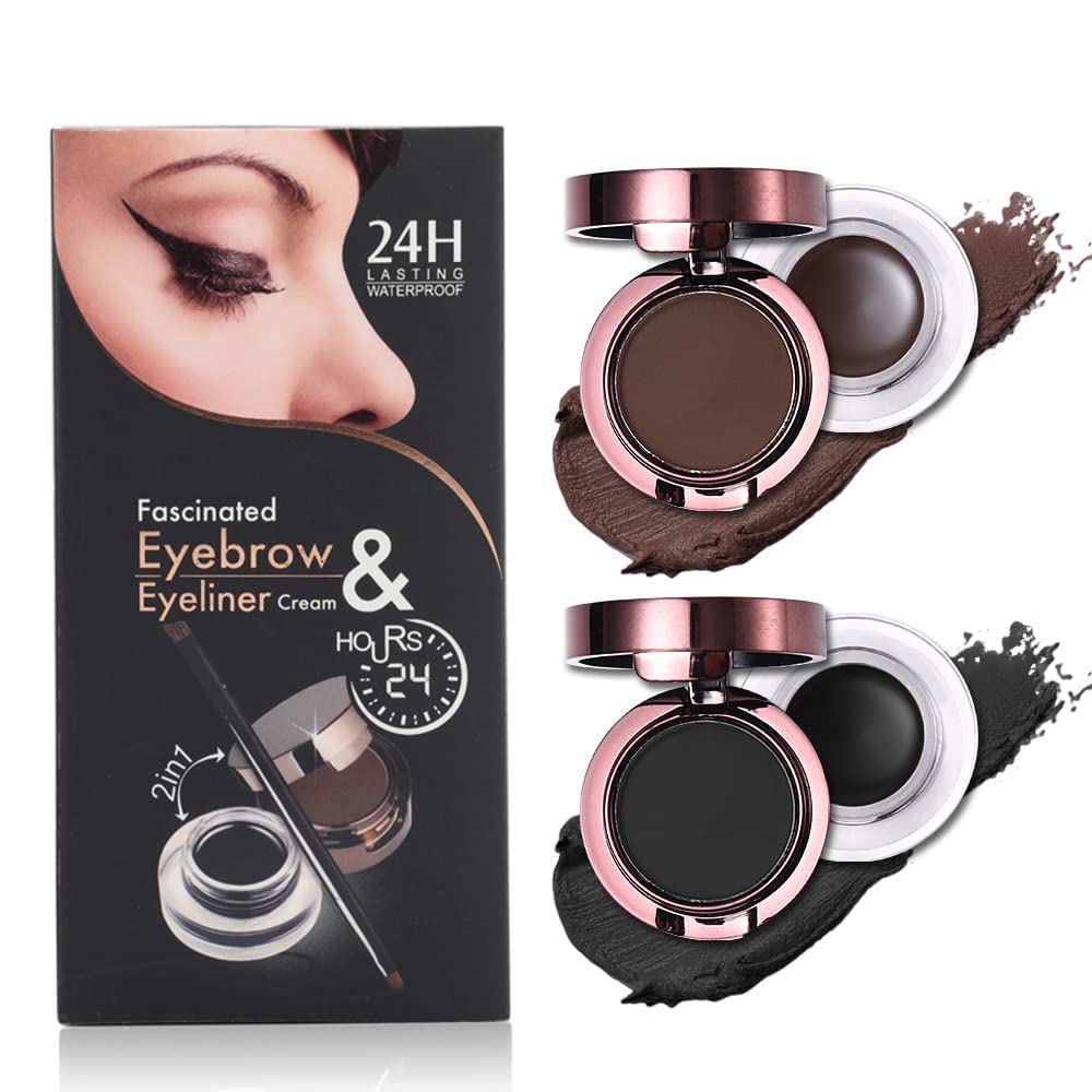 4-in-1 Waterproof Gel Eyeliner & Eyebrow Powder Kit - Brown & Black Shades with Precision Brush | Long Lasting Makeup for Day & Night Looks | Perfect for Professional Makeup Artists & Beginners