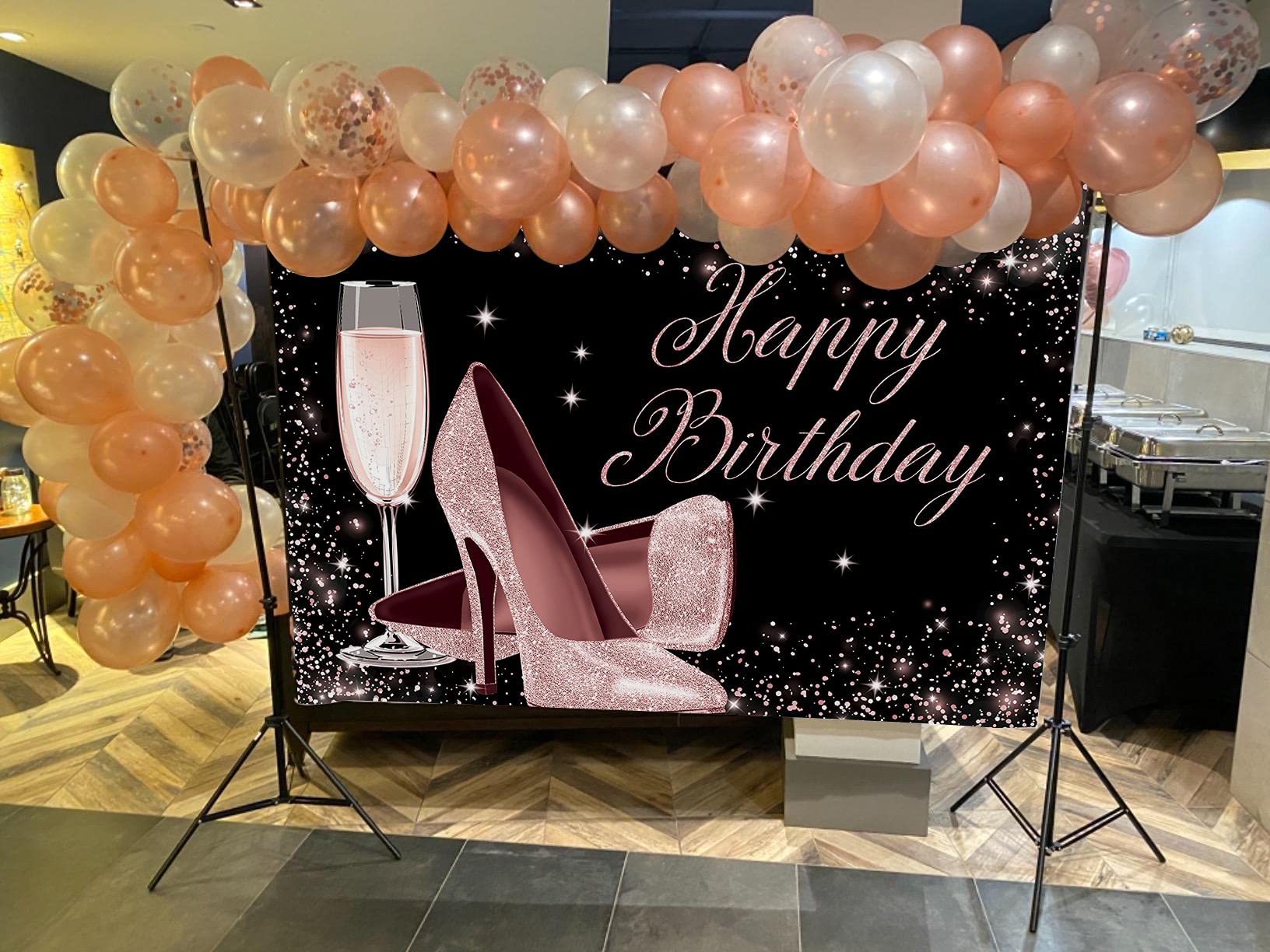 Rose Gold Glitter Happy Birthday Backdrop with High Heels & Champagne Glass - 7x5ft Photography Background for Women's Birthday Party Decor, Photo Booth Props | Perfect for Adult Birthday Celebrations, Bridal Showers & Bachelorette Parties