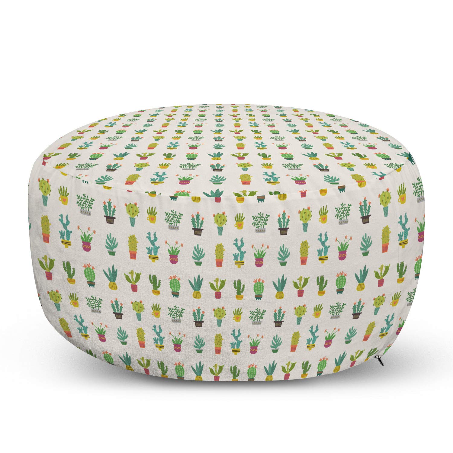 Ambesonne Cactus Ottoman Pouf with Removable Cover - Soft Foot Rest for Living Room & Bedroom - Pastel Cacti & Monstera Plant Pattern in Eggshell Khaki - Perfect for Home Decor, Relaxation & Extra Seating