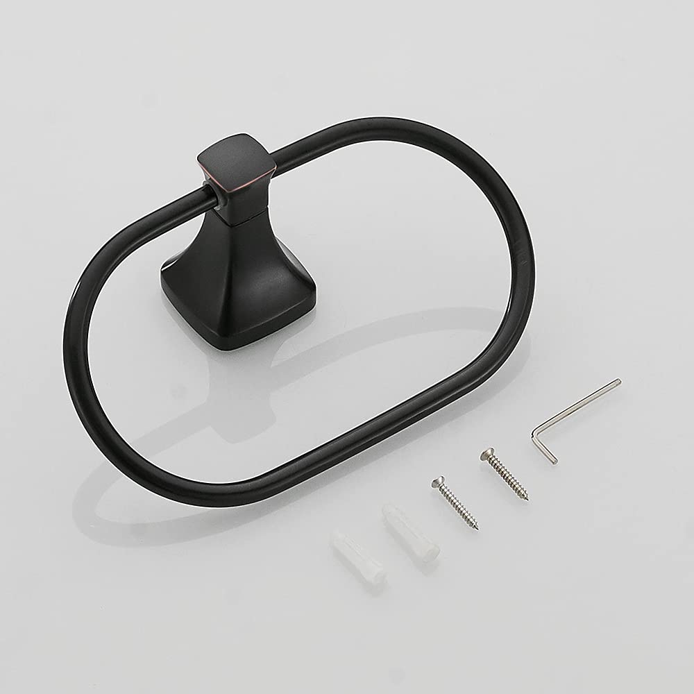 Oil Rubbed Bronze Stainless Steel Hand Towel Ring Holder - Wall Mounted Bathroom Hardware Accessory with Screws & Square Pedestal - Perfect for Powder Rooms, Guest Bathrooms & Spa-Style Decor